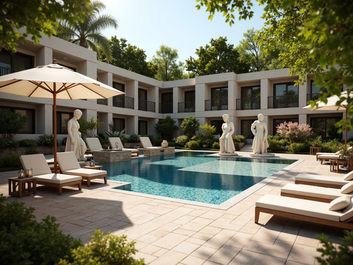 Prompt: Elegant poolside setting, ornate fountains, majestic statues, classic Roman-inspired columns, luxurious lounge chairs, plush sunbeds, wooden decking, natural stone flooring, cream-colored umbrellas, refined metal railings, decorative lanterns, lush greenery, blooming flowers, warm sunny day, soft gentle lighting, shallow depth of field, 1/1 composition, realistic textures, ambient occlusion.