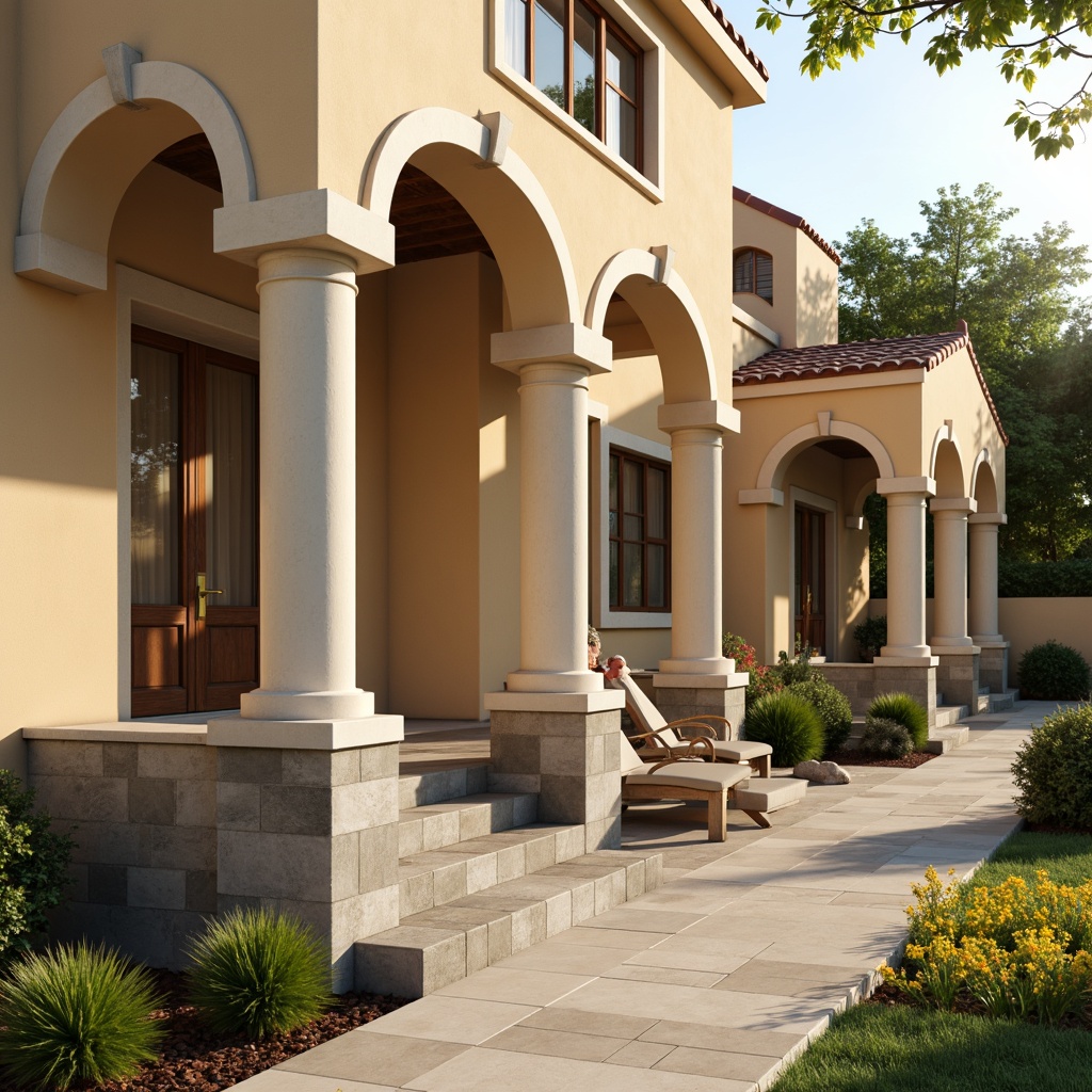 Prompt: Warm beige exterior walls, creamy white columns, soft gray stone foundations, rich wood accents, elegant bronze door handles, subtle cream-colored window frames, classic red-tiled roofs, lush greenery surroundings, vibrant yellow flowers, sunny afternoon lighting, shallow depth of field, 3/4 composition, realistic textures, ambient occlusion.