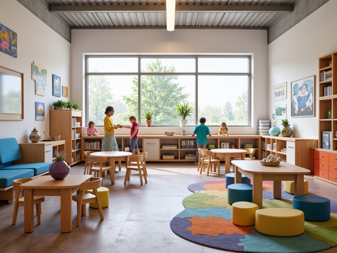 Prompt: Vibrant elementary school classrooms, flexible modular furniture, collaborative learning spaces, interactive whiteboards, colorful rugs, ergonomic chairs, natural light-filled rooms, wooden tables, comfortable reading nooks, educational posters, engaging play areas, soft pastel colors, minimal clutter, organized storage systems, creative art displays, inspirational quotes, calm atmosphere, shallow depth of field, 1/2 composition, realistic textures, ambient occlusion.