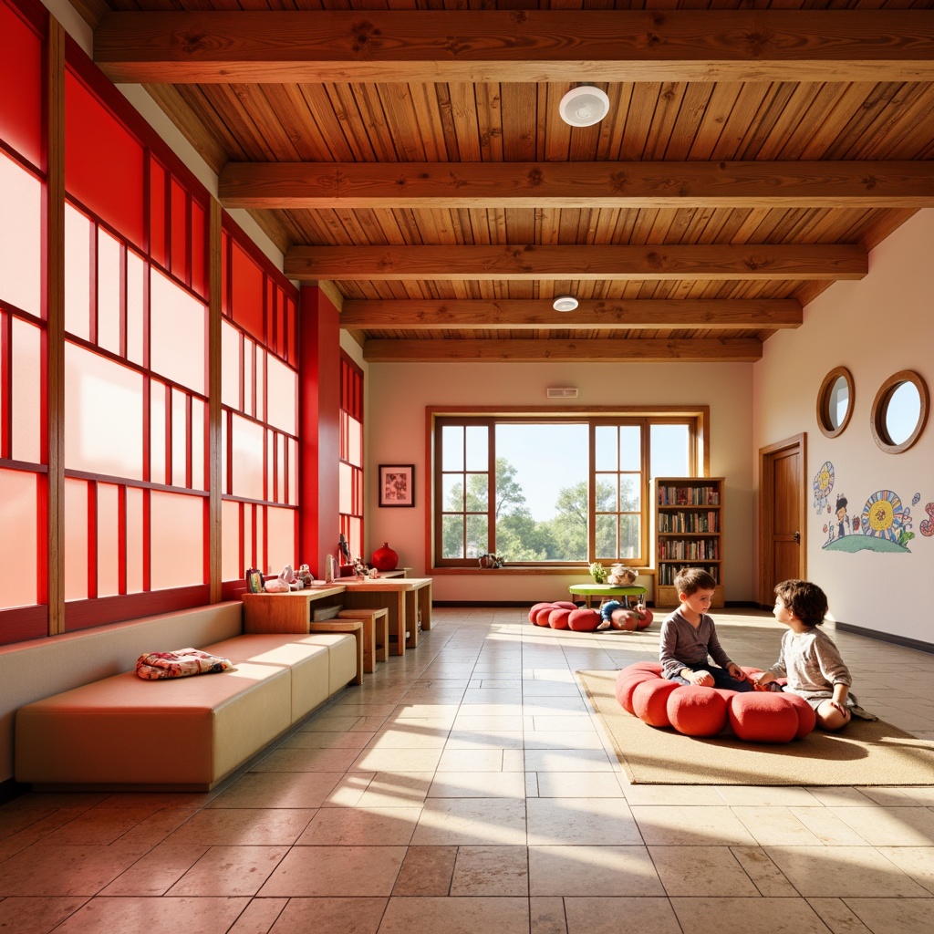 Prompt: Vibrant kindergarten, playful Asian-inspired architecture, bold red accents, natural wood tones, traditional Japanese shoji screens, sliding doors, warm beige walls, colorful ceramic tiles, whimsical murals, soft padded flooring, cozy reading nooks, circular windows, delicate bamboo textures, gentle diffused lighting, shallow depth of field, 1/1 composition, realistic reflections, ambient occlusion.