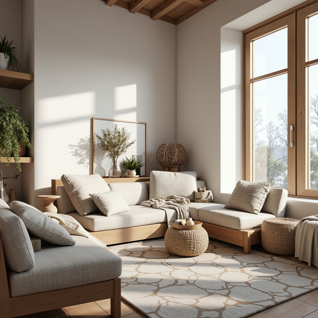 Prompt: Soft Nordic light, gentle wood tones, creamy whites, calming blues, earthy browns, muted grays, natural linen textures, organic woven fibers, minimalist decor, cozy reading nooks, plush throw blankets, geometric patterned rugs, rustic wooden accents, warm candlelight, airy open spaces, subtle nature-inspired motifs, simplistic elegance, harmonious color balance, serene atmosphere, shallow depth of field, 1/1 composition, soft focus, realistic rendering.