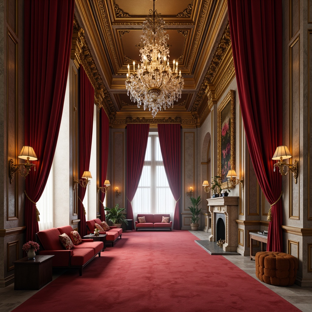 Prompt: Rich velvet drapes, ornate golden frames, lavish crystal chandeliers, regal red carpeting, majestic marble columns, intricate moldings, soft warm lighting, subtle shading, atmospheric fog effect, 1/1 composition, symmetrical arrangement, opulent furnishings, luxurious upholstery, subtle texture overlay, realistic reflections, ambient occlusion.