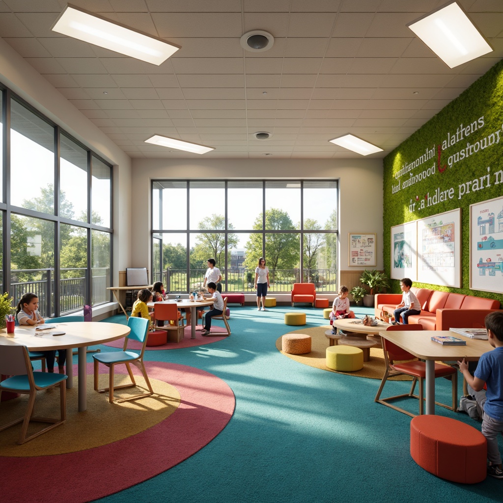 Prompt: Vibrant elementary school, open-concept classrooms, collaborative learning spaces, colorful carpeted floors, ergonomic desks, adjustable seating, interactive whiteboards, digital displays, educational charts, inspirational quotes, natural light, large windows, sliding glass doors, outdoor connections, green walls, playful nooks, cozy reading corners, circular tables, flexible furniture, innovative storage solutions, soft warm lighting, shallow depth of field, 3/4 composition, panoramic view, realistic textures, ambient occlusion.