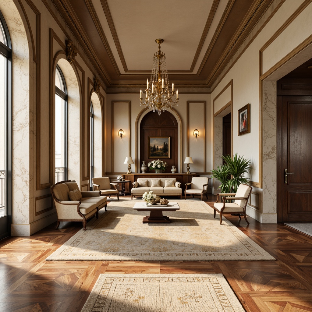 Prompt: Elegant neoclassical interior, richly polished hardwood floors, intricate inlays, ornate patterns, creamy marble surfaces, veined stone tiles, luxurious woven carpets, subtle texture contrasts, neutral color palette, golden accents, sophisticated furnishings, refined moldings, ornamental details, soft warm lighting, shallow depth of field, 1/1 composition, realistic textures, ambient occlusion.