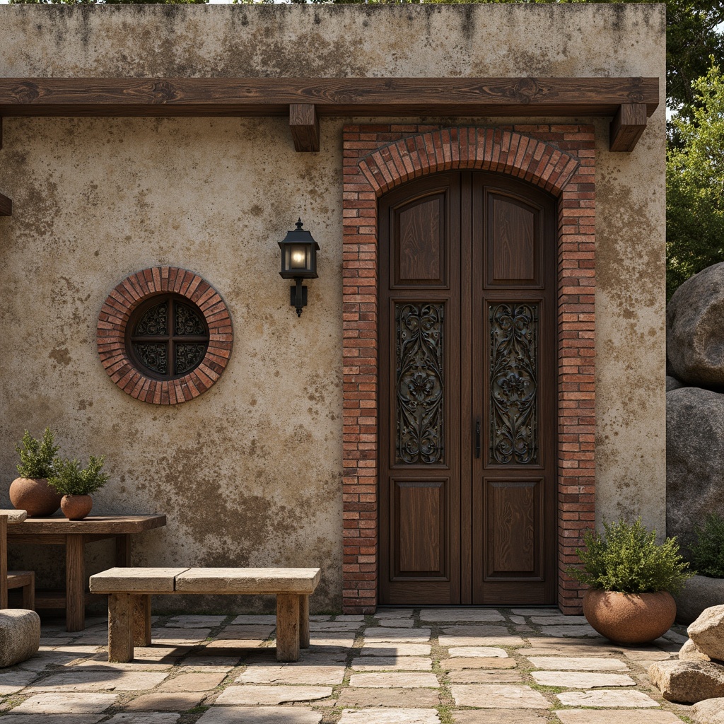 Prompt: Rustic stone walls, distressed wooden planks, rough-hewn brick facades, ornate metal grille patterns, intricate stucco designs, rugged concrete surfaces, natural rock formations, earthy color palettes, tactile finishes, layered compositions, play of light and shadow, warm ambient lighting, high-contrast shading, detailed normal maps, realistic material responses, cinematic camera angles, dramatic focal lengths.