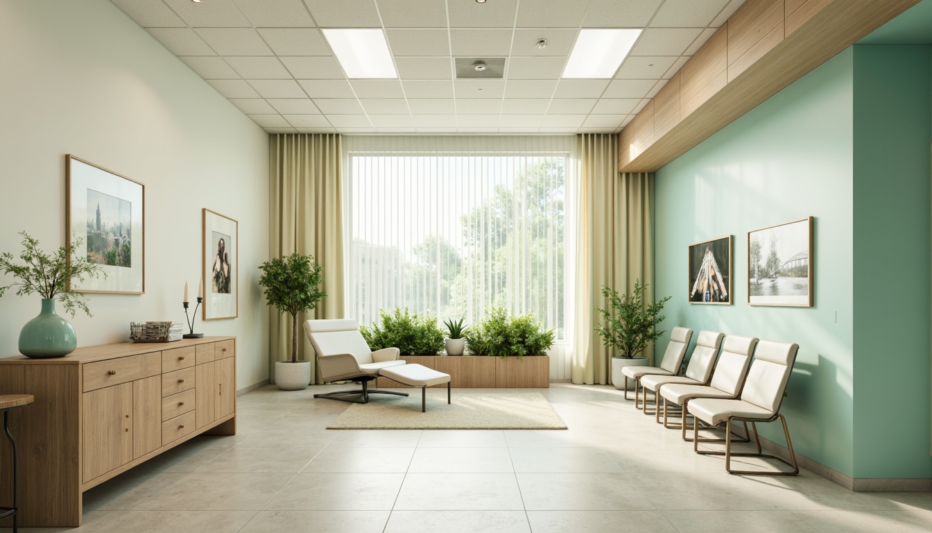 Prompt: Calming dental clinic atmosphere, soothing pastel shades, gentle mint green, creamy whites, warm beige tones, soft blue accents, natural wood textures, subtle metallic hints, modern minimalist design, clean lines, ample natural light, calming ambiance, serene waiting area, comfortable patient chairs, gentle color transitions, 1/2 composition, soft focus, realistic renderings.