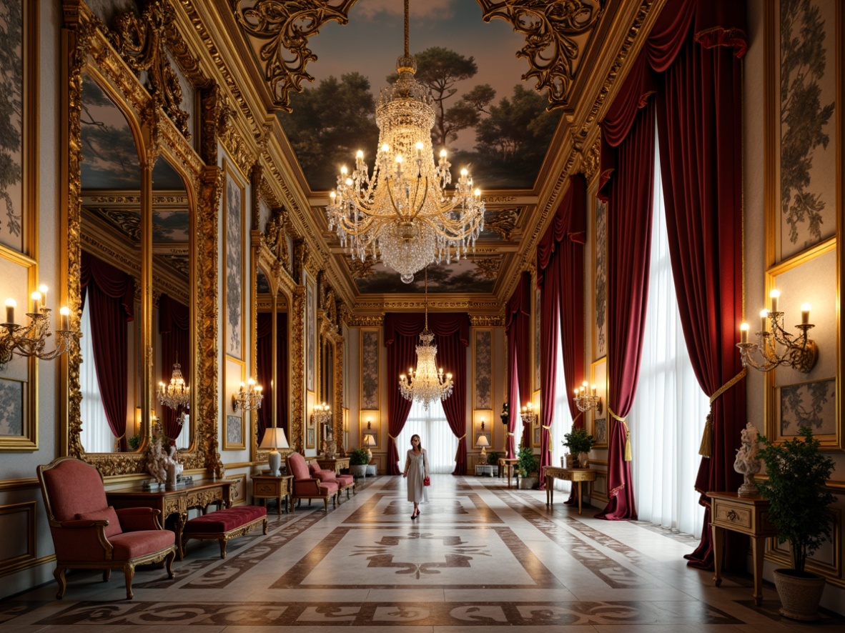 Prompt: Opulent palace interior, intricate ornate details, gilded mirrors, lavish chandeliers, crystal pendant lights, velvet drapes, marble floors, ornamental furnishings, luxurious fabrics, soft warm glow, ambient lighting, 1/1 composition, shallow depth of field, realistic textures, elegant lines, French Renaissance influences, Baroque-inspired patterns.