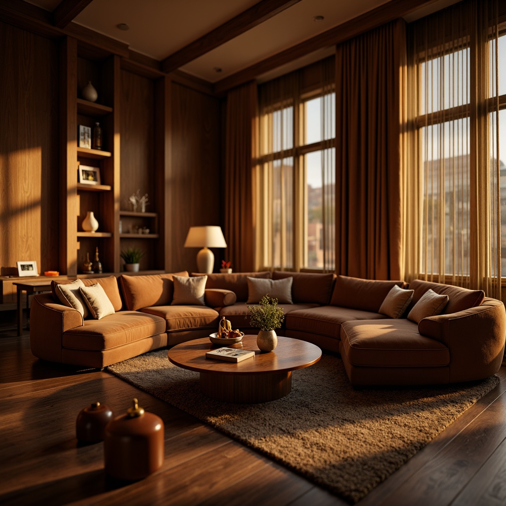 Prompt: Cozy living room, warm golden lighting, soft velvet furniture, rich wood accents, intimate setting, floor-to-ceiling windows, drapery curtains, table lamps, freestanding lamps, subtle color palette, ambient glow, low-key backlighting, 1/2 composition, shallow depth of field, realistic textures, atmospheric rendering.