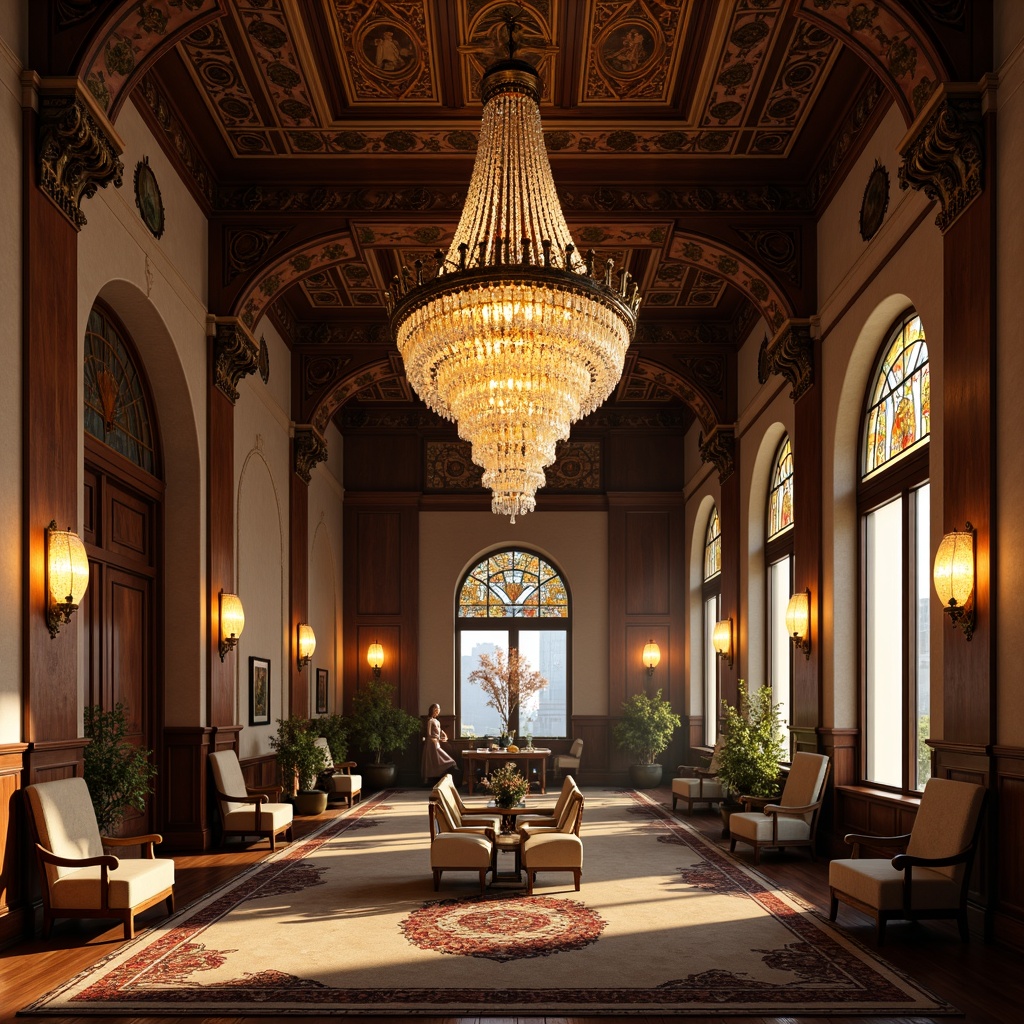 Prompt: \Grandiose chandelier, ornate metalwork, crystal droplets, warm golden lighting, rich wood tones, intricate carvings, opulent drapery, lavish furnishings, high ceilings, large windows, stained glass details, decorative plasterwork, vintage-inspired sconces, bronze accents, soft warm glow, dramatic shadows, 1/2 composition, cinematic lighting, realistic textures, ambient occlusion.\