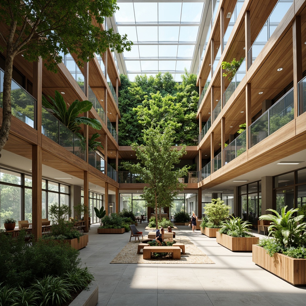 Prompt: Eco-friendly office building, natural ventilation systems, reclaimed wood accents, living green walls, recycled glass partitions, bamboo flooring, low-VOC paints, FSC-certified wood furniture, energy-efficient LED lighting, solar panels, rainwater harvesting systems, grey water reuse, organic gardens, native plant species, biophilic design, airy atriums, clerestory windows, minimalist decor, earthy color palette, soft natural light, 1/1 composition, realistic textures, ambient occlusion.