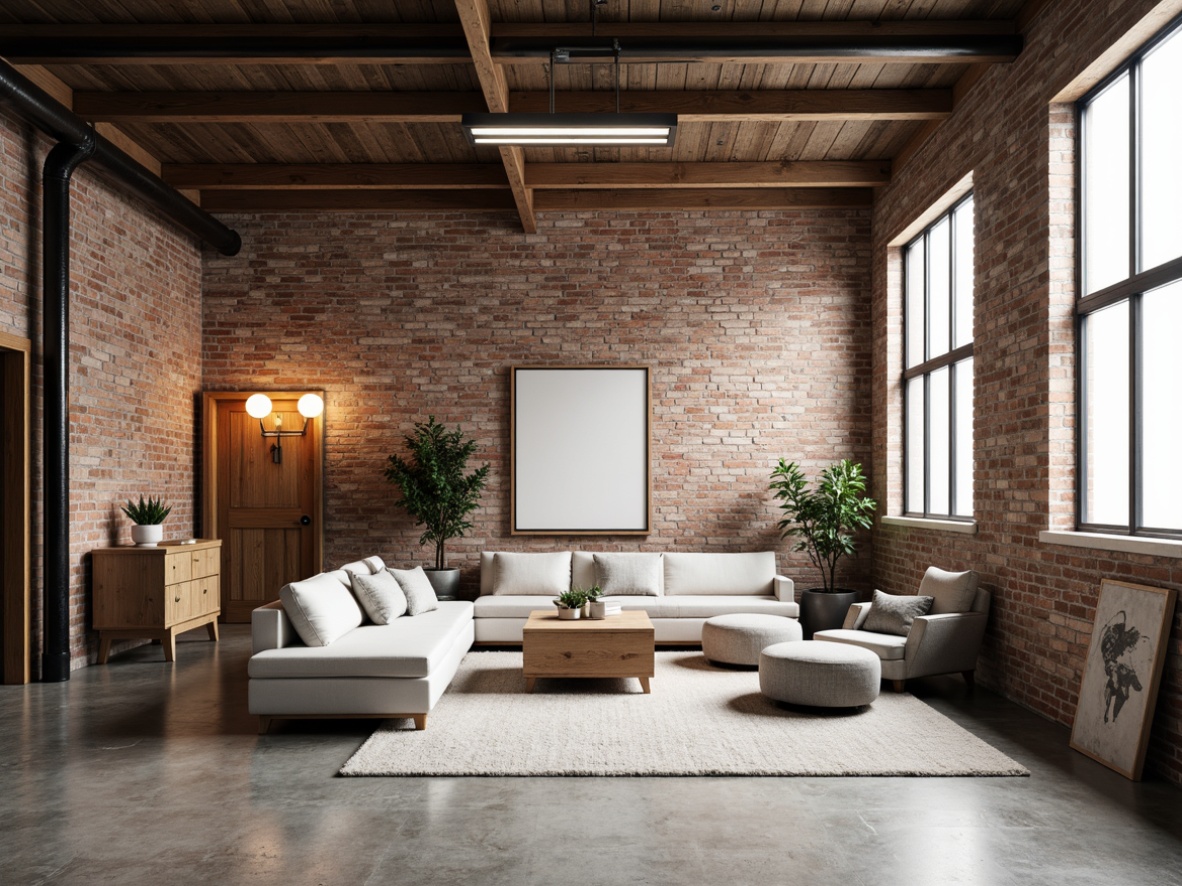 Prompt: Industrial warehouse space, exposed brick walls, polished concrete floors, minimalist Scandinavian decor, simple wooden furniture, neutral color palette, plenty of natural light, industrial metal beams, reclaimed wood accents, cozy textiles, warm pendant lighting, 1/1 composition, shallow depth of field, realistic textures, ambient occlusion.