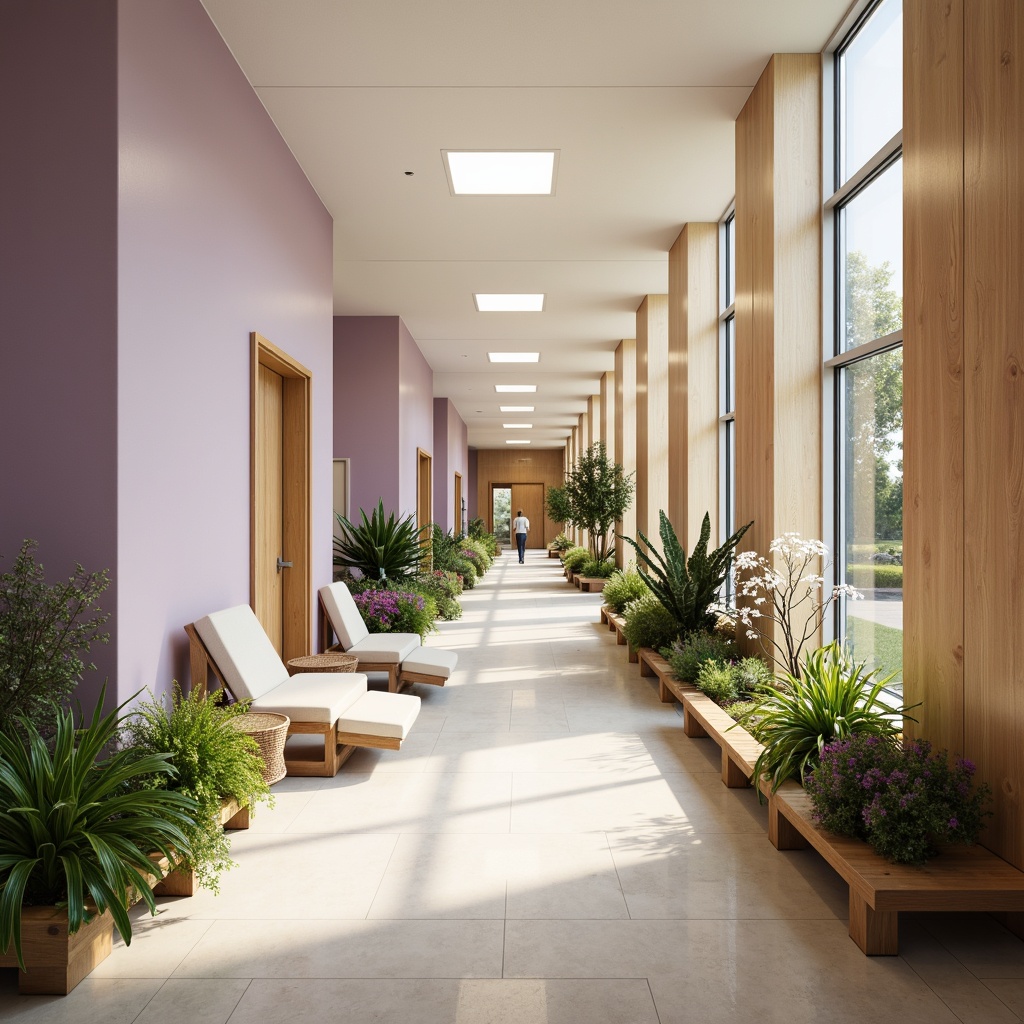 Prompt: Calming hospital corridors, soft pastel hues, gentle lavender tones, soothing sage greens, warm beige accents, natural wood textures, minimalist furniture design, abundant greenery, vibrant flower arrangements, diffused warm lighting, shallow depth of field, 1/2 composition, serene atmosphere, realistic materials, ambient occlusion.