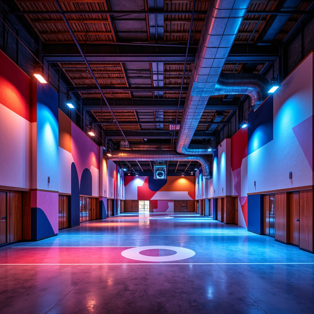 Prompt: Vibrant gymnasium interior, postmodernist architecture style, bold color blocking, abstract geometric patterns, exposed ductwork, industrial metal beams, reclaimed wood accents, neon-lit signage, high-contrast lighting, dramatic shadows, warm ambient glow, cool blue tones, dynamic spotlights, radial gradient effects, futuristic LED installations, atmospheric misting systems, 3/4 composition, wide-angle lens, shallow depth of field, realistic textures, ambient occlusion.