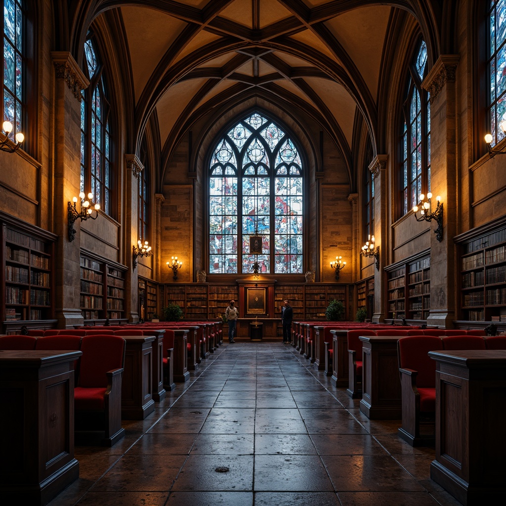 Prompt: Institute Gothic interior, dark academia atmosphere, mysterious vaulted ceilings, ornate stone carvings, grand wooden furniture, rich velvet fabrics, warm golden lighting, deep crimson reds, midnight blues, muted earthy tones, weathered stone textures, intricate stained glass patterns, solemn ambiance, dramatic shadows, subtle mysterious glow.