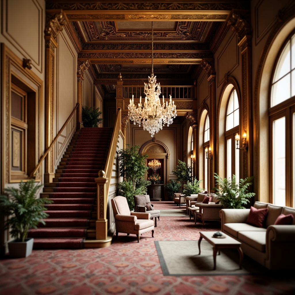 Prompt: Luxurious interior, ornate moldings, intricately carved details, gilded accents, rich wood tones, velvety fabrics, crystal chandeliers, grand staircase, sweeping archways, opulent furnishings, lavish decorations, soft warm lighting, shallow depth of field, 1/1 composition, realistic textures, ambient occlusion.