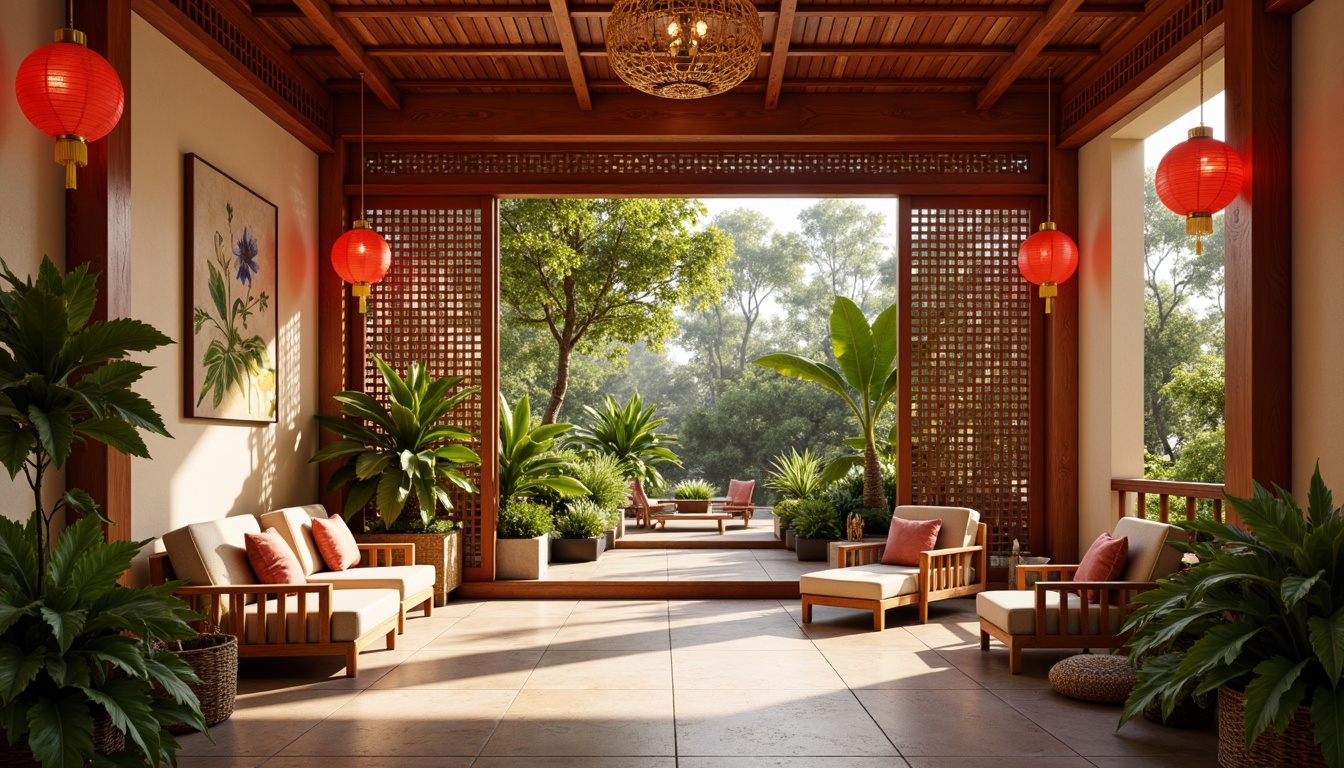 Prompt: Vibrant Asian-inspired distribution centers, warm beige walls, rich wooden accents, bold red lanterns, golden ornate details, intricate Oriental patterns, soft silk fabrics, natural stone flooring, earthy terracotta tiles, lush greenery, tropical plants, warm ambient lighting, shallow depth of field, 3/4 composition, realistic textures, ambient occlusion.