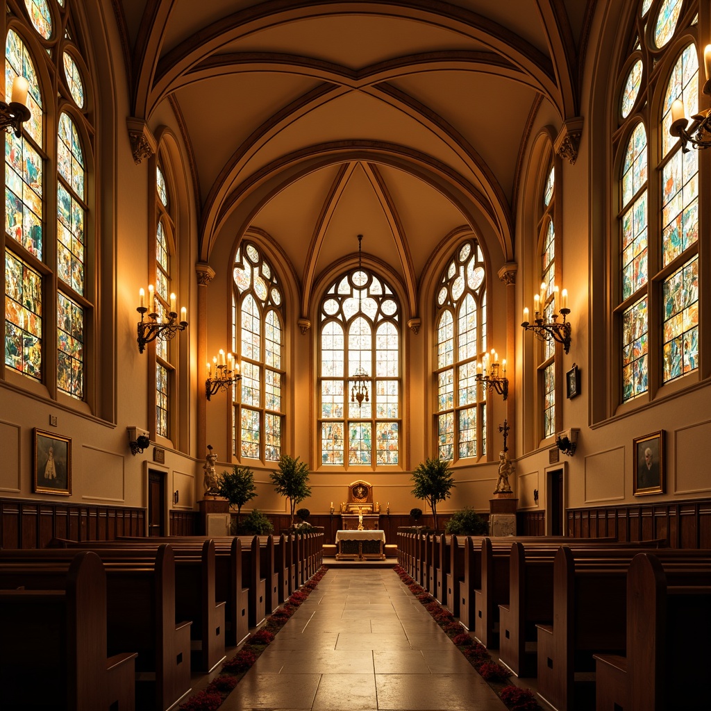 Prompt: Elegant church interior, stunning stained glass windows, warm golden lighting, traditional pews, ornate altar, vaulted ceiling, dramatic chandeliers, soft candlelight, subtle color temperature, ambient illumination, symmetrical composition, realistic textures, 3/4 view, warm beige walls, rich wood tones, classic architecture, spiritual atmosphere, peaceful ambiance.