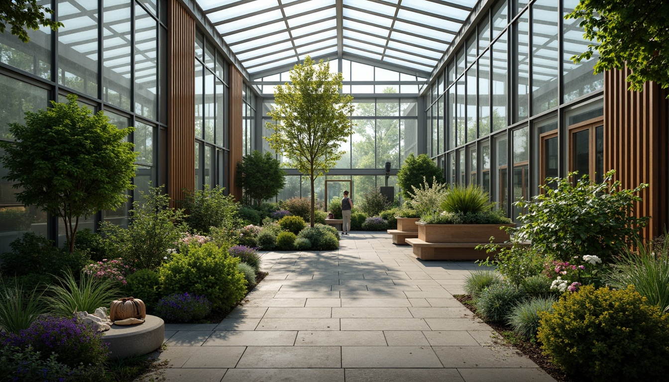 Prompt: Minimalist greenhouse, industrial metal framework, transparent glass walls, lush greenery, natural stone flooring, reclaimed wood accents, living walls, vertical gardens, modern irrigation systems, subtle LED lighting, soft misting, warm diffused light, shallow depth of field, 1/1 composition, realistic textures, ambient occlusion.