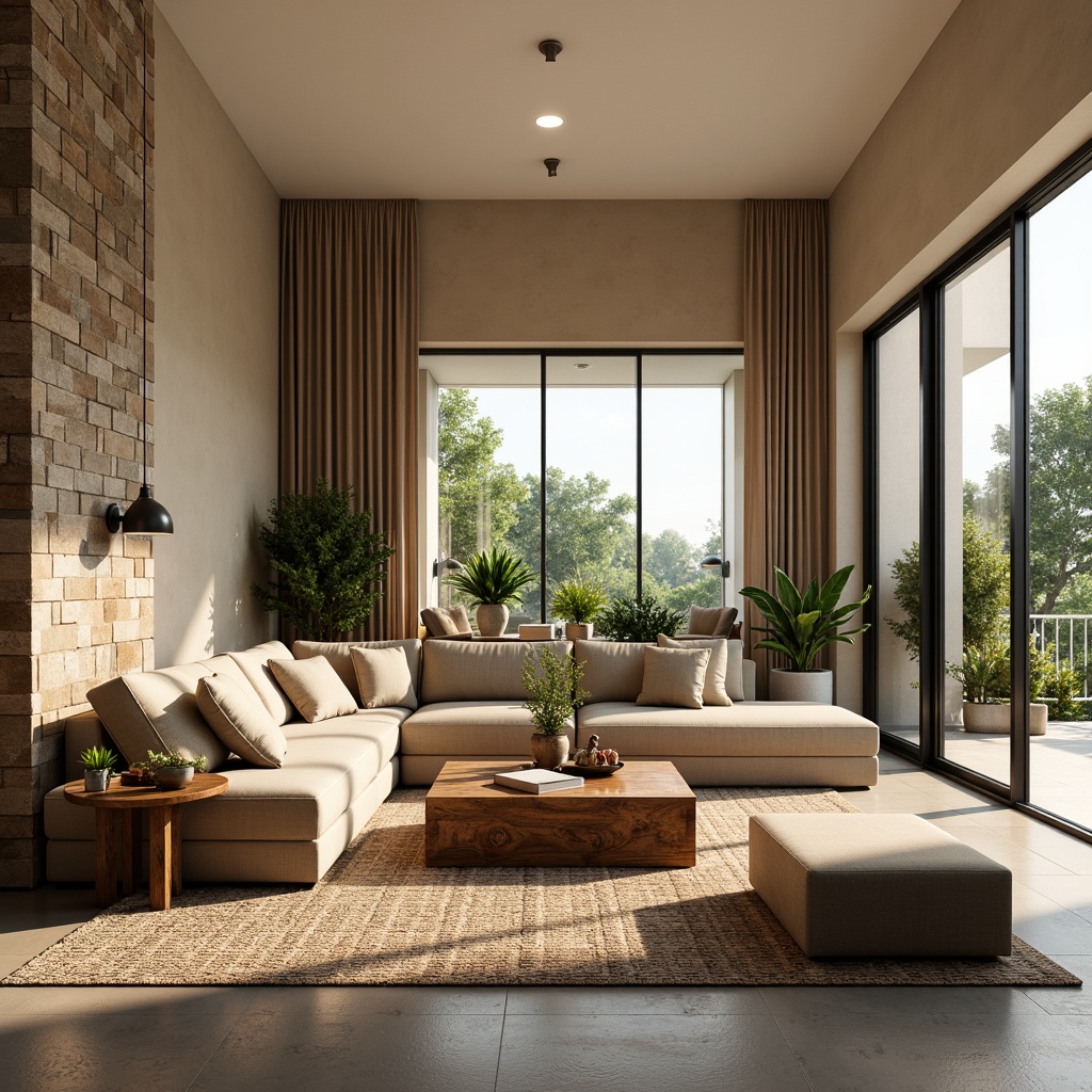 Prompt: Elegant living room, warm beige walls, textured stone accents, floor-to-ceiling windows, natural light pouring in, plush area rug, comfortable sectional sofa, rustic wooden coffee table, modern metal lamp fixtures, vibrant greenery, potted plants, soft warm lighting, shallow depth of field, 3/4 composition, realistic textures, ambient occlusion.