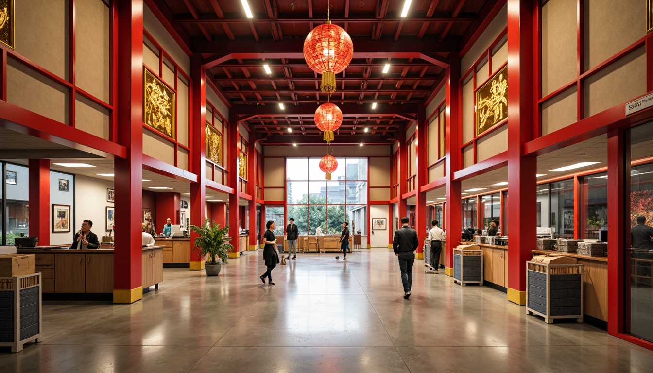 Prompt: Vibrant Asian-style distribution center, rich cultural heritage, bold red accents, golden trim, warm beige walls, natural wood textures, intricate Oriental patterns, modern industrial equipment, sleek metal shelving, efficient LED lighting, busy warehouse atmosphere, dynamic composition, shallow depth of field, 3/4 frame, realistic reflections.