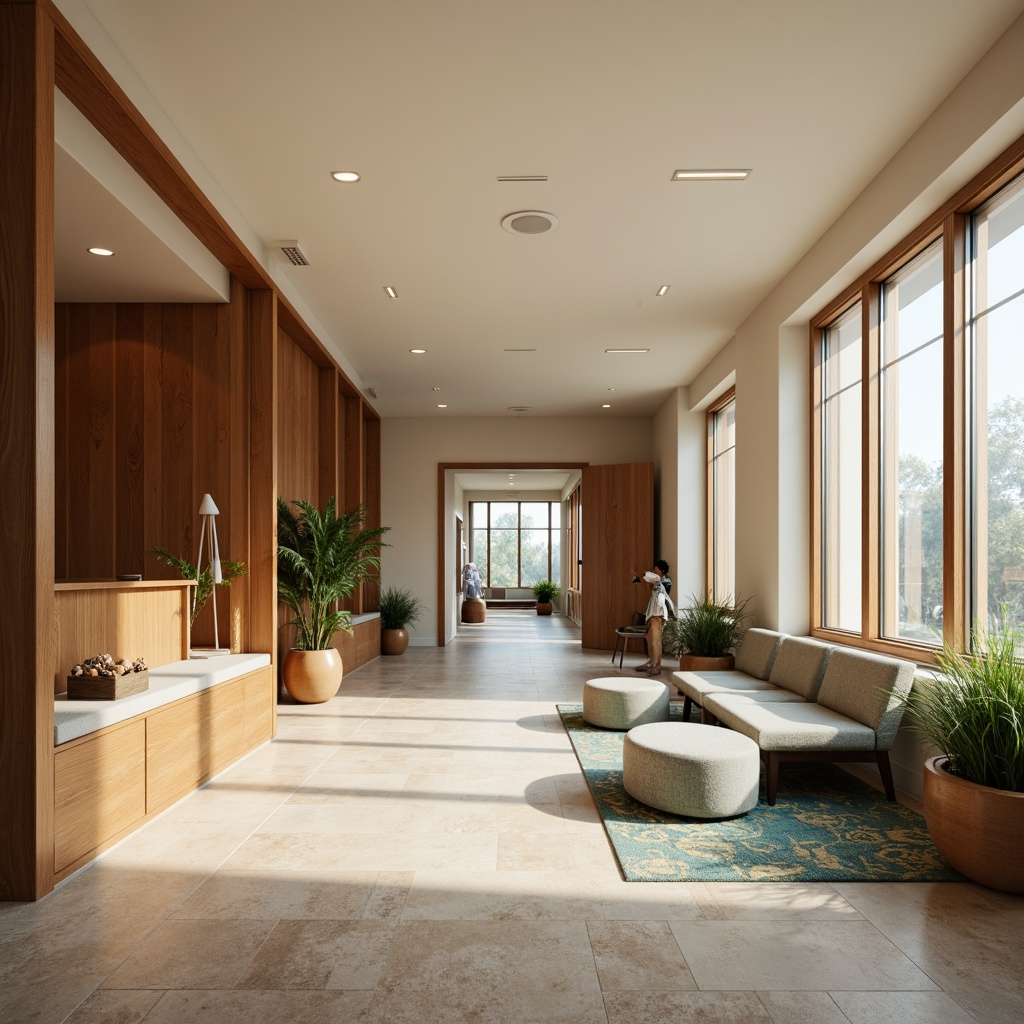 Prompt: Calming clinic interior, warm beige walls, rich wood accents, soothing blue-green hues, natural stone flooring, subtle patterned carpets, elegant wooden furniture, modern minimalist decor, abundant natural light, soft diffused lighting, 1/2 composition, shallow depth of field, realistic textures, ambient occlusion.