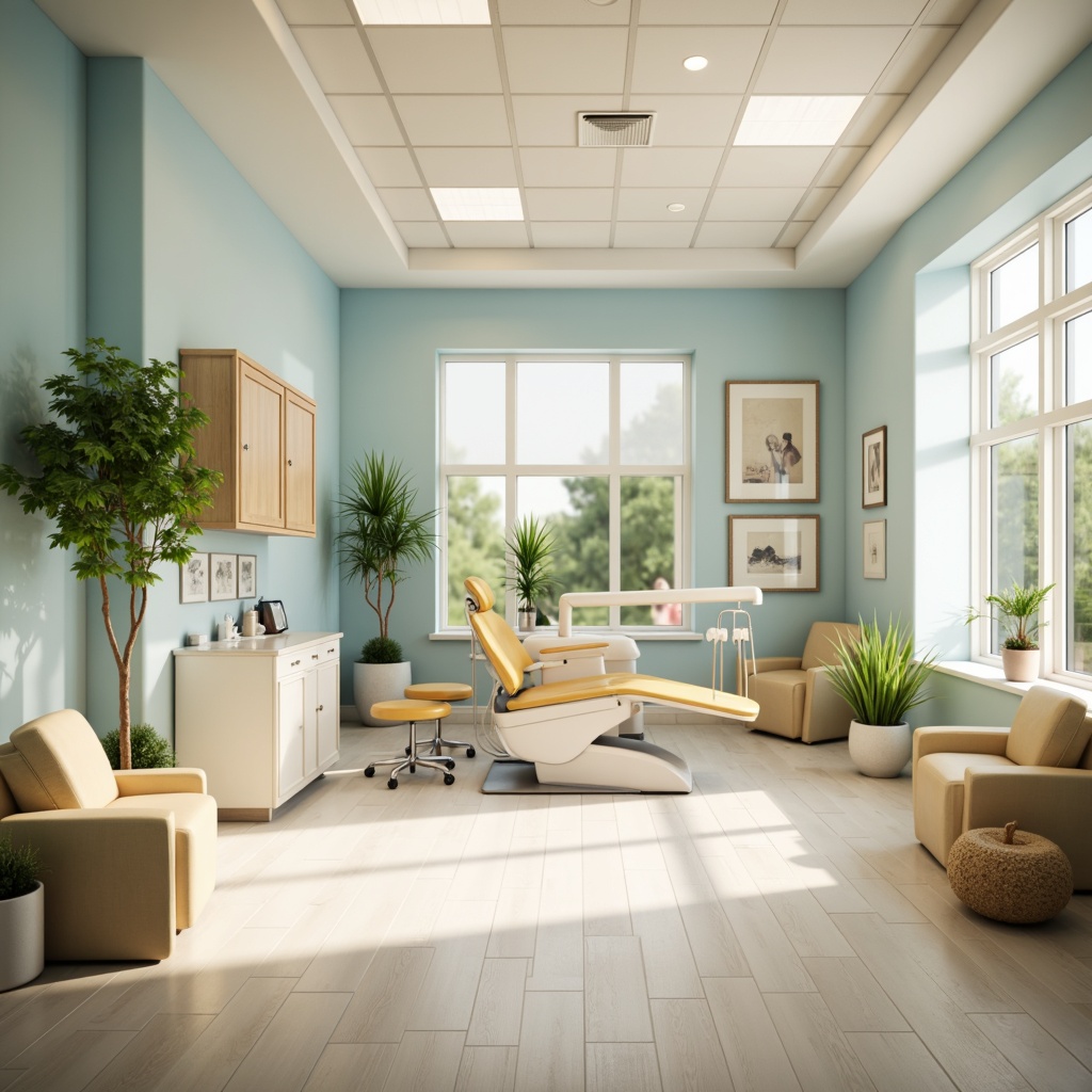 Prompt: \Calm dental clinic, soothing atmosphere, pastel color scheme, soft whites, gentle blues, creamy yellows, natural woods, subtle textures, rounded furniture, minimal decor, warm lighting, shallow depth of field, 1/1 composition, realistic render, ambient occlusion.\