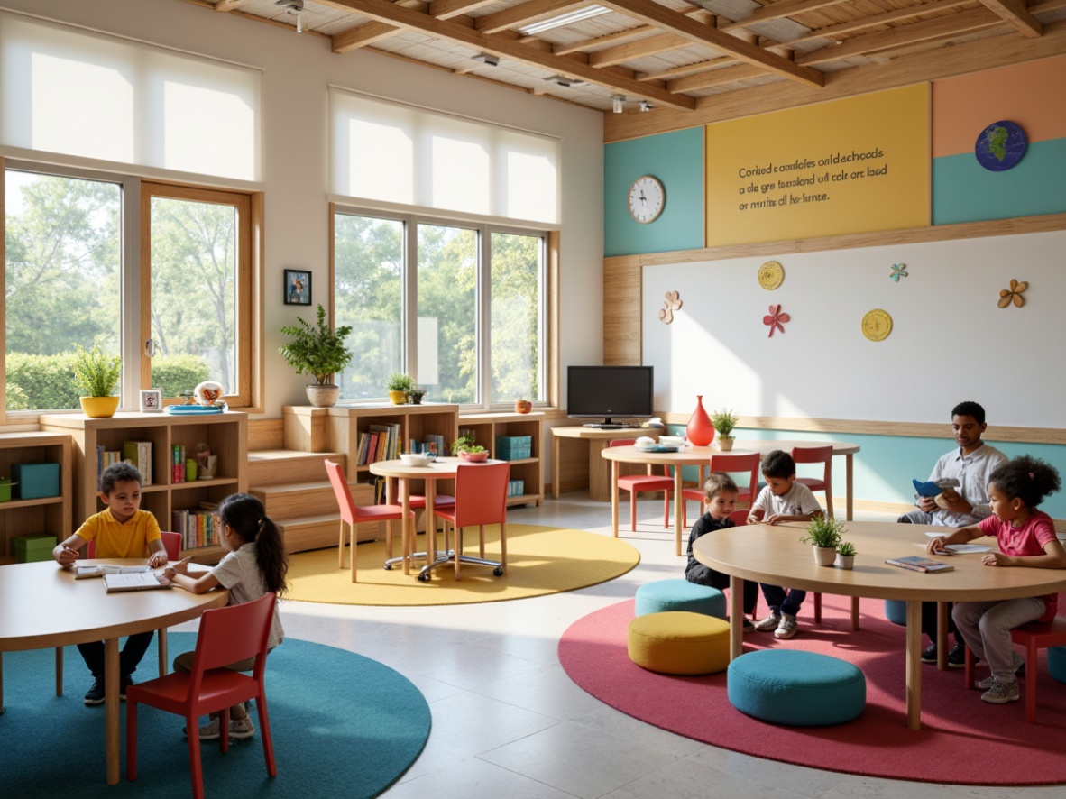 Prompt: Colorful elementary school classrooms, collaborative learning spaces, flexible seating arrangements, interactive whiteboards, educational technology integration, circular tables, ergonomic chairs, soft cushioned reading nooks, natural light filtering through windows, calming pastel colors, minimalistic decor, inspirational quotes on walls, creative storage solutions, accessible bookshelves, engaging play areas, hands-on activity stations, soft warm lighting, shallow depth of field, 3/4 composition, realistic textures, ambient occlusion.