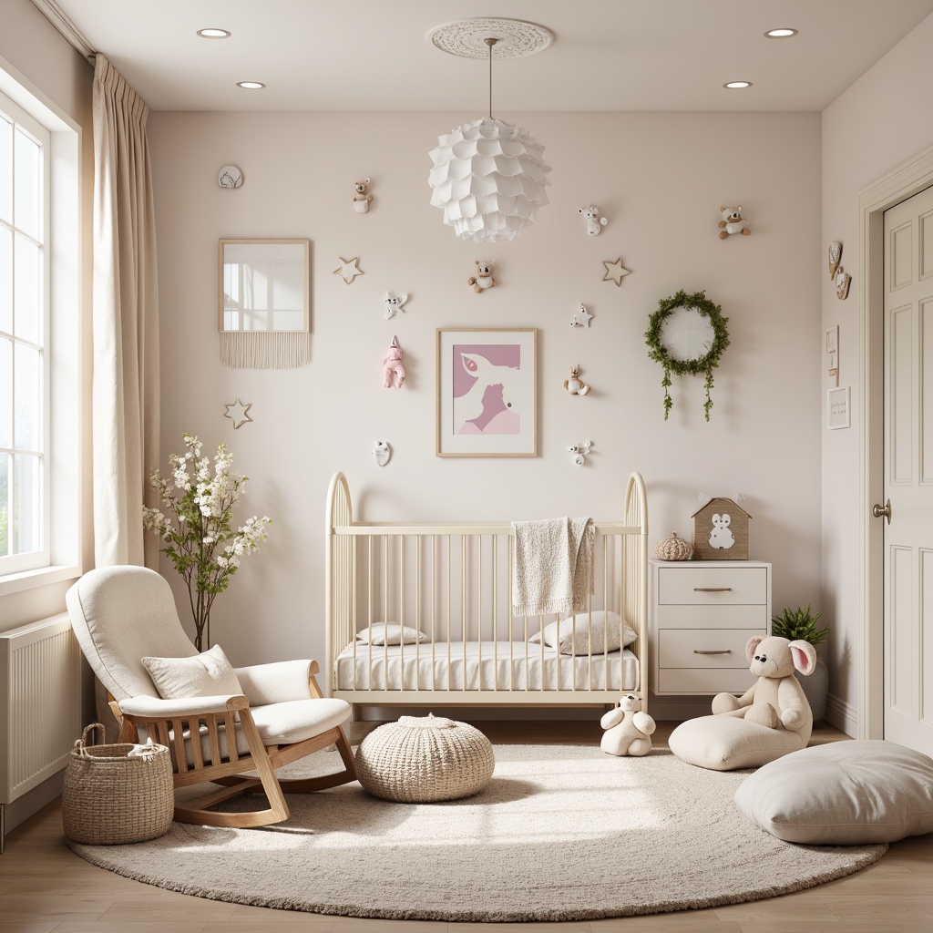 Prompt: Whimsical nursery, soft pastel colors, gentle lighting, plush area rug, crib with elegant metal frame, delicate mobiles, playful stuffed animals, modern glider rocker, patterned ottoman, decorative wall art, textured wallpaper, subtle wood accents, creamy white furniture, minimalist decor, airy feel, natural fabrics, warm beige tones, cozy reading nook, oversized floor pillows, 1/1 composition, soft focus, shallow depth of field.