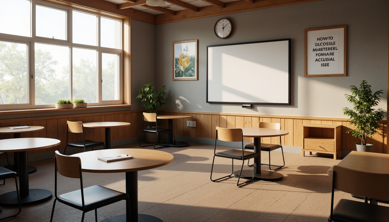 Prompt: Cozy classroom, sound-absorbing walls, acoustic panels, wooden desks, ergonomic chairs, soft carpet flooring, natural light, calm atmosphere, minimalist decor, inspirational quotes, educational posters, interactive whiteboards, modern audio-visual equipment, precise microphone placement, optimized speaker positioning, warm color scheme, comfortable seating arrangement, clutter-free environment, subtle ambient noise, gentle reverberation, 1/2 composition, shallow depth of field, soft focus, realistic textures.