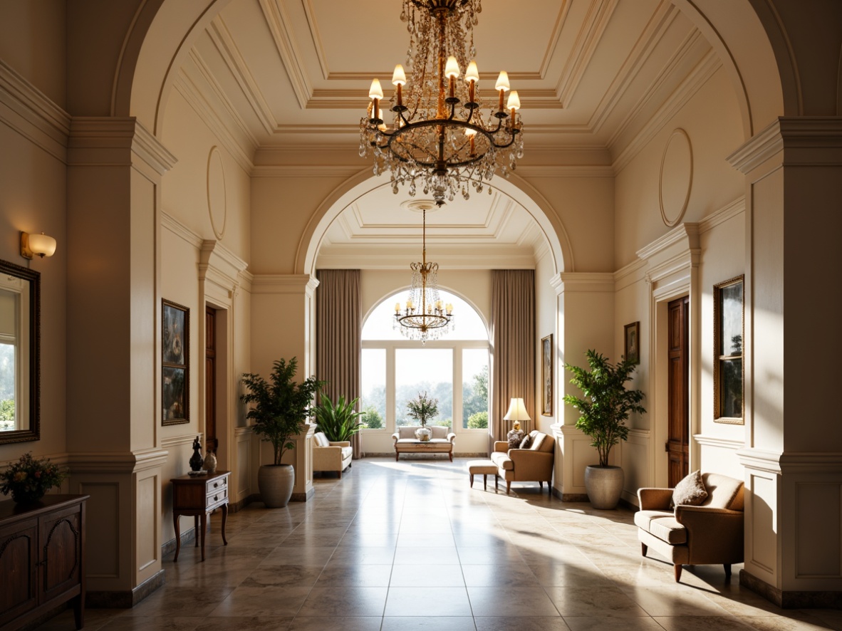 Prompt: Ornate chandeliers, crystal droplets, gilded metalwork, soft warm glow, ambient lighting, grand entrance halls, high ceilings, marble floors, neoclassical columns, intricate moldings, rich wood tones, velvet drapes, lavish furnishings, elegant archways, subtle color palette, creamy whites, soft creams, pale gold accents, ornate mirrors, refined elegance, sophisticated ambiance, 1/2 composition, shallow depth of field, warm soft focus.