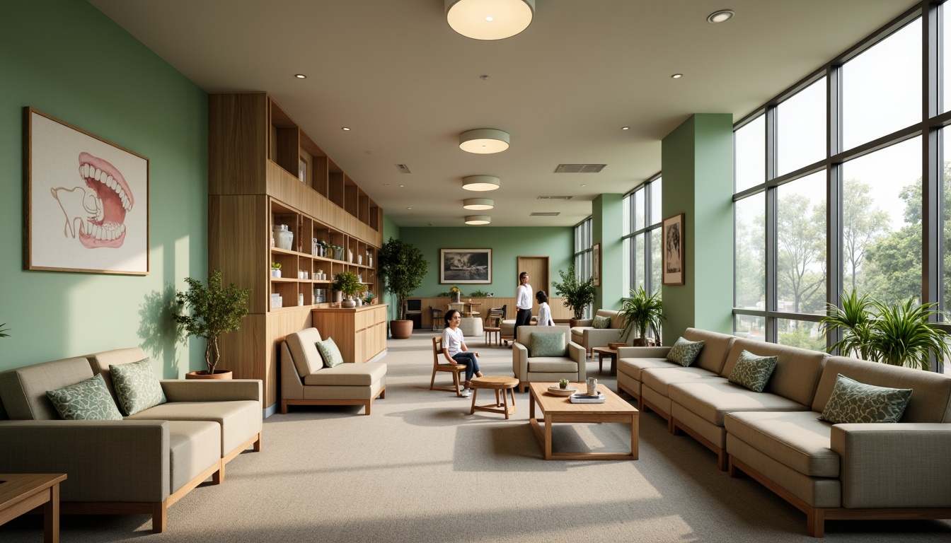 Prompt: Cozy waiting area, plush sofas, wooden coffee tables, calming green walls, soft carpet flooring, warm lighting fixtures, ergonomic chairs, adjustable armrests, comfortable cushions, dental-themed artwork, gentle color schemes, natural wood accents, minimal decorations, calming scents, peaceful ambiance, floor-to-ceiling windows, abundant natural light, 1/1 composition, shallow depth of field, realistic textures.