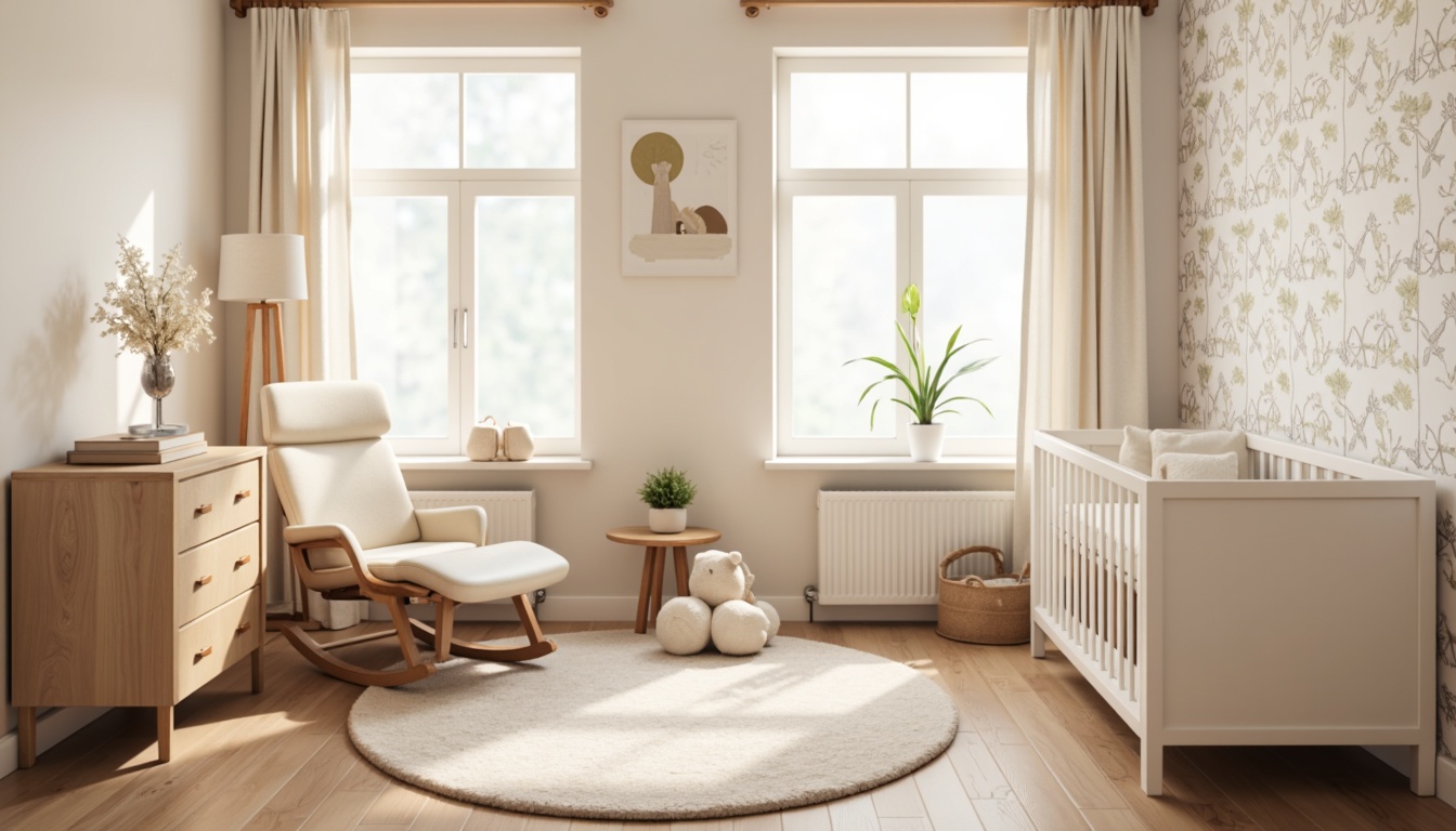 Prompt: Soft baby nursery, pastel colors, gentle lighting, plush area rug, comfortable glider chair, soothing wallpaper, calming decorative accents, natural wood furniture, breathable fabrics, hypoallergenic materials, thermal insulation, sound-absorbing textiles, subtle patterns, cream-colored curtains, warm beige upholstery, cozy throw blankets, delicate lace trim, serene ambiance, shallow depth of field, 1/1 composition, softbox lighting.