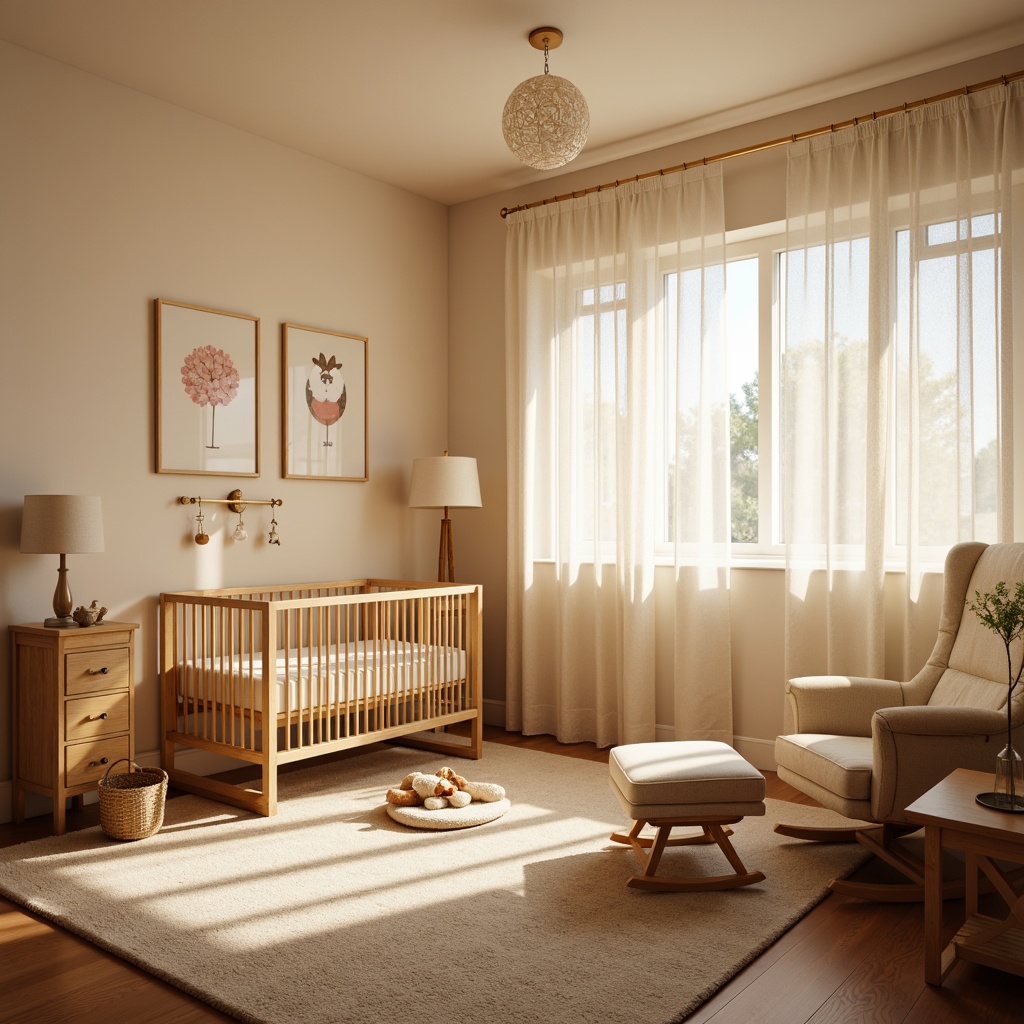 Prompt: Warm baby nursery, soft pastel colors, gentle glow lighting, delicate lace curtains, plush toys, comfortable glider, soothing white noise, calming mobiles, adorable crib, warm beige carpet, creamy wall paint, natural wood furniture, subtle texture patterns, intimate atmosphere, relaxing ambiance, warm color temperature, diffused overhead light, table lamps with soft shades, cozy reading nook, inviting corner setup, peaceful mood, serene environment.