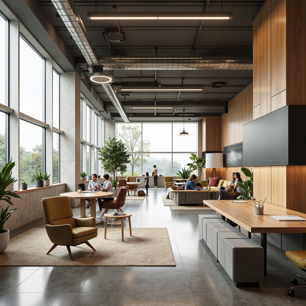 Prompt: Modern office interior, open-plan layout, collaborative workspaces, comfortable ergonomic furniture, natural wood accents, subtle color scheme, ample daylight, floor-to-ceiling windows, minimalist decor, functional storage solutions, acoustic panels, soft warm lighting, 1/1 composition, shallow depth of field, realistic textures, ambient occlusion.