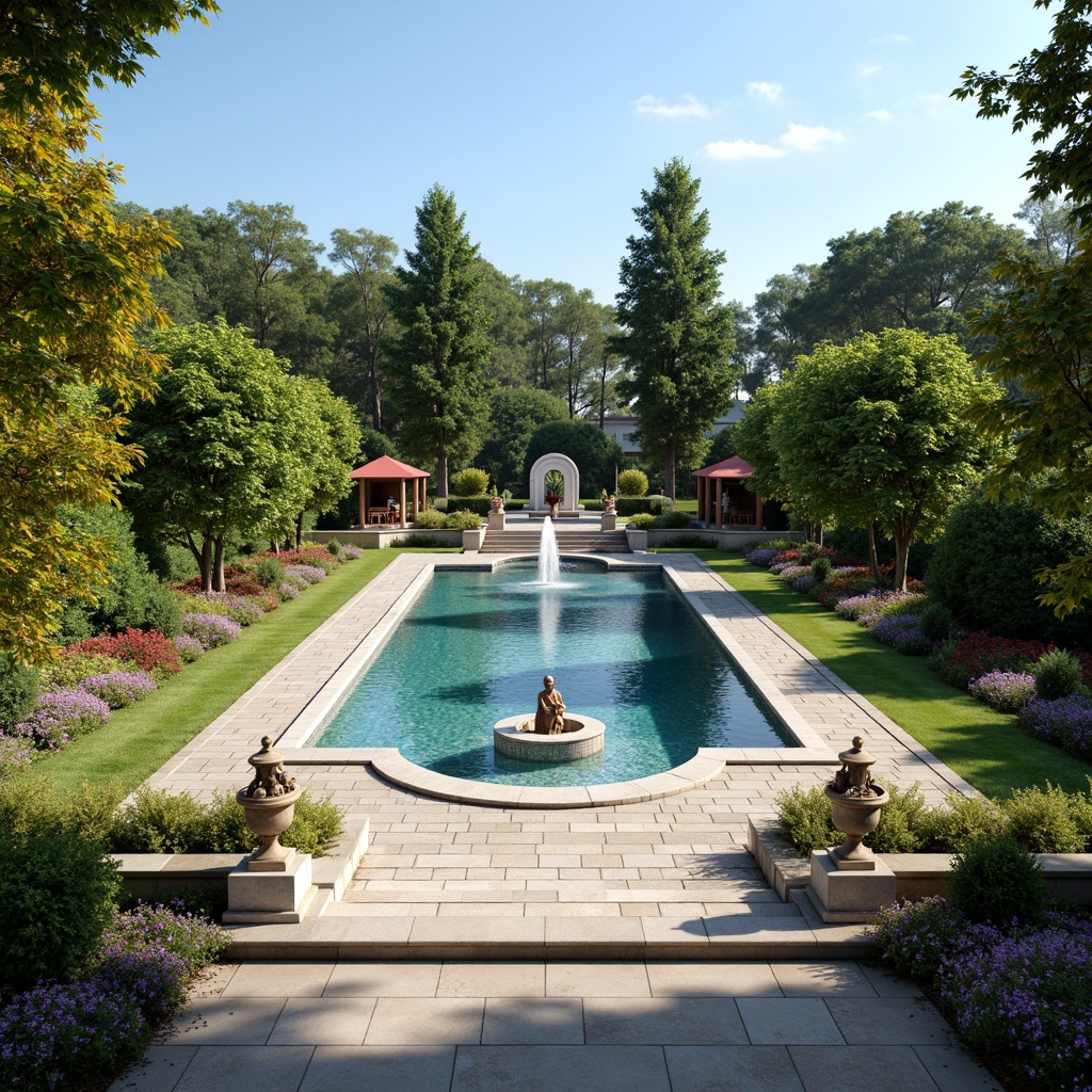 Prompt: Symmetrical pool shape, ornate stone coping, grand fountain features, lush greenery, vibrant flowers, manicured lawns, natural stone walkways, classical statues, urns, balustrades, elegant outdoor furniture, soft warm lighting, shallow depth of field, 3/4 composition, panoramic view, realistic water effects, ambient occlusion, serene atmosphere, sunny day, clear blue sky.