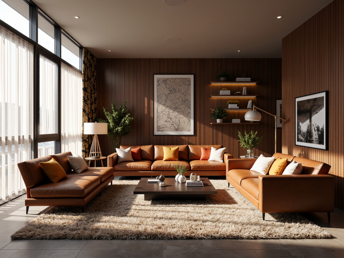 Prompt: Elegant living room, plush area rugs, modern sectional sofas, sleek coffee tables, ornate floor lamps, vibrant throw pillows, textured wall art, minimalist shelves, warm wood accents, rich leather upholstery, subtle patterned curtains, abundant natural light, softbox lighting, 1/1 composition, intimate atmosphere.