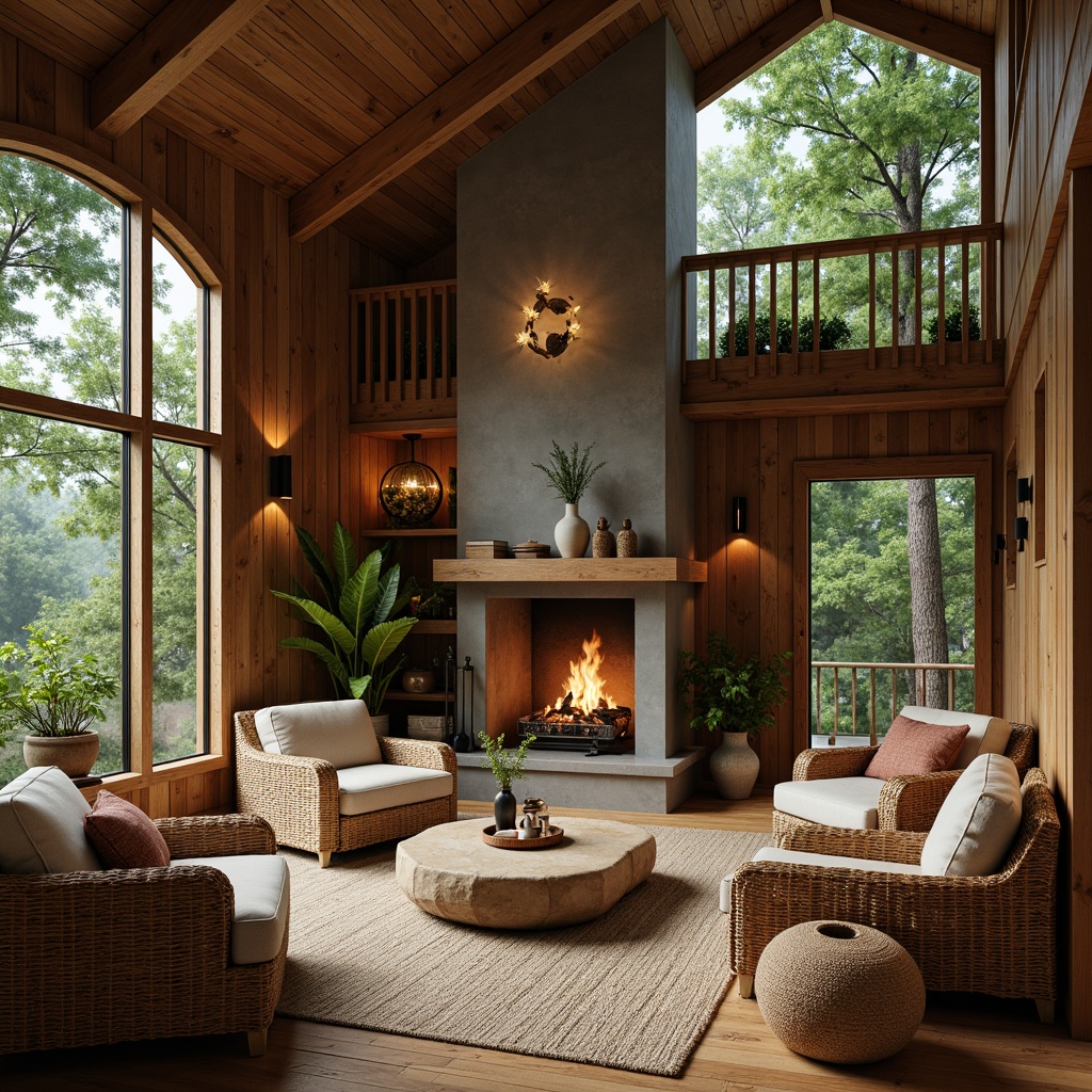 Prompt: Earth-toned cabin, reclaimed wood walls, wooden accents, natural stone fireplace, woven rattan furniture, organic shapes, green roof, living walls, bamboo flooring, jute rugs, linen upholstery, earthy color palette, warm lighting, cozy atmosphere, forest surroundings, misty morning, soft focus, shallow depth of field, 1/1 composition, intimate view.