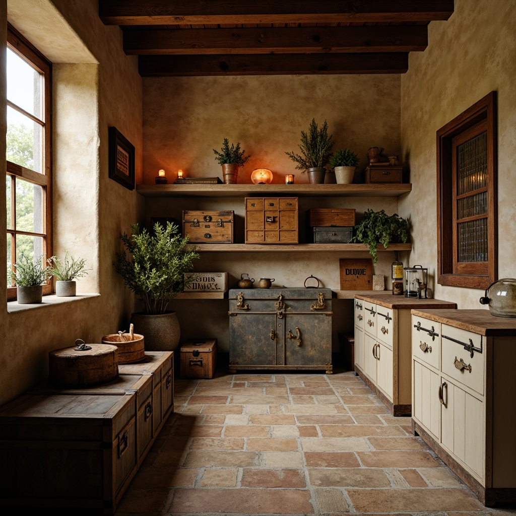 Prompt: Rustic storage room, distressed wooden crates, vintage metal trunks, soft warm lighting, warm beige walls, dark wood accents, ornate metal hardware, soft pastel colors, antique furniture pieces, natural stone flooring, rustic wooden beams, creamy white cabinets, subtle ambient glow, warm candlelight, 1/2 composition, intimate atmosphere, realistic textures.