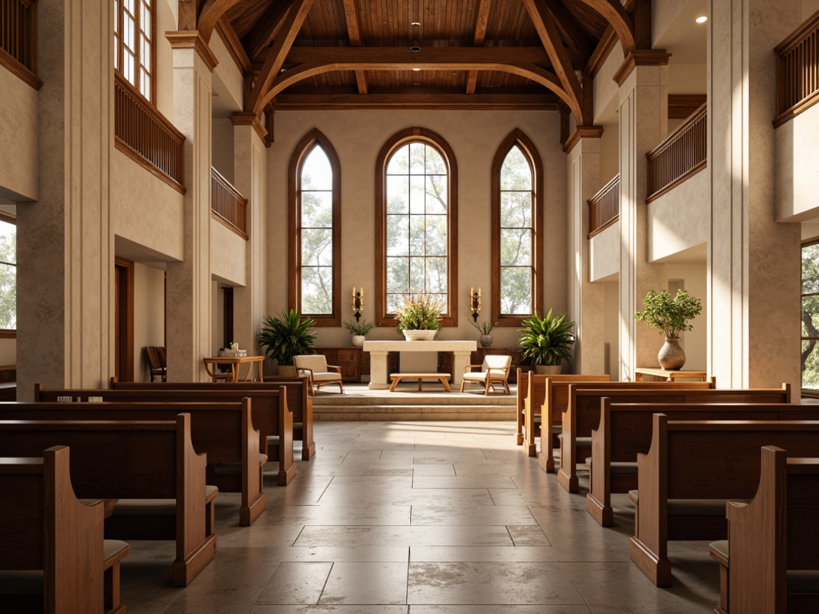 Prompt: Elegant chapel interior, refined pews, ornate wooden accents, stained glass windows, vaulted ceilings, modern minimalist altar, sleek metal chairs, plush velvet cushions, intricate stone carvings, warm beige tones, subtle lighting, shallow depth of field, 1/1 composition, realistic textures, ambient occlusion.