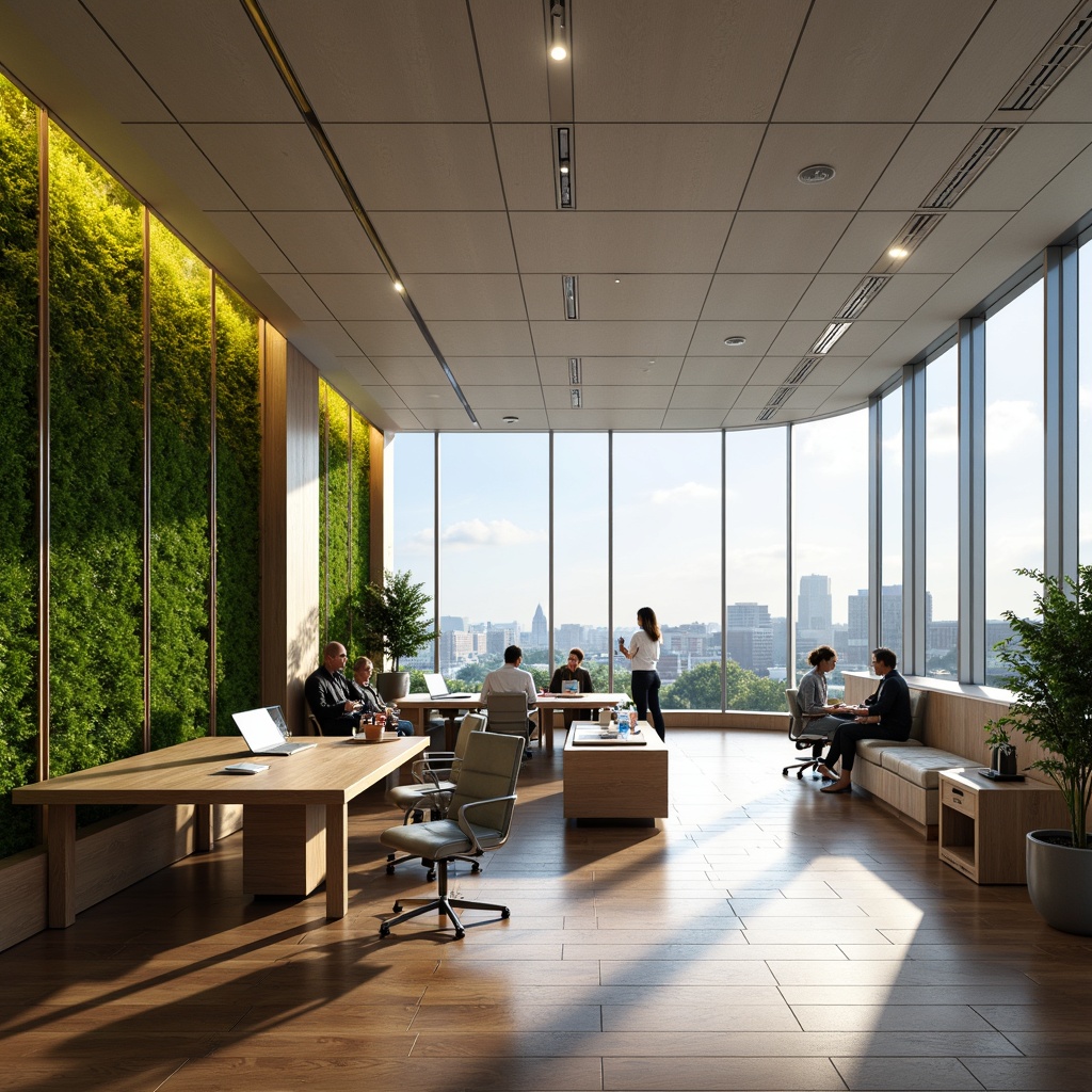 Prompt: Ergonomic office space, comfortable seating areas, functional workstations, sleek minimalist desks, adjustable task lighting, acoustic soundproofing, vibrant green walls, natural wood flooring, floor-to-ceiling windows, panoramic city views, 1/1 composition, soft warm lighting, realistic textures, ambient occlusion.