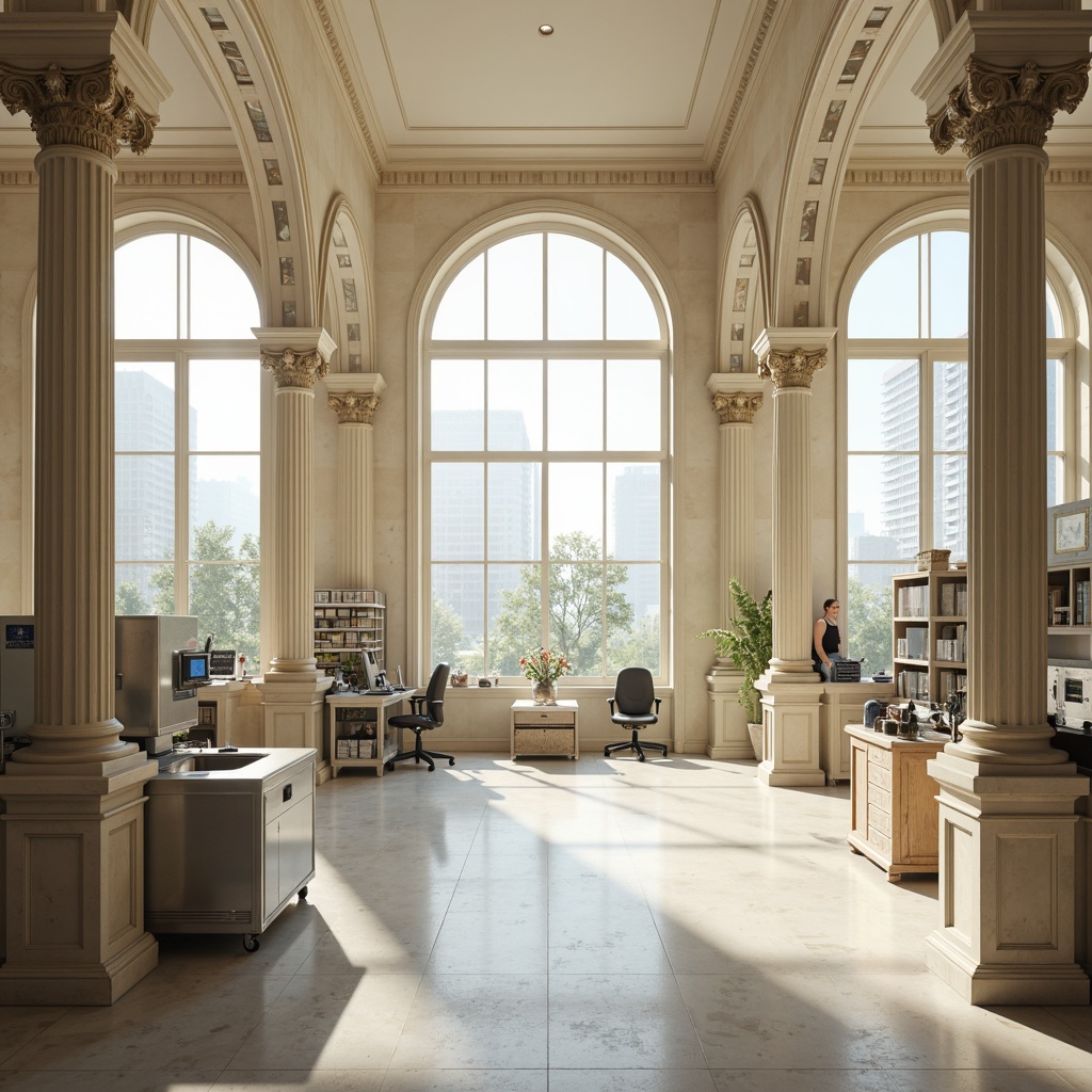 Prompt: Elegant laboratory interior, neoclassical columns, ornate capitals, polished marble flooring, cream-colored walls, large windows, natural light, sophisticated instrumentation, futuristic equipment, metallic surfaces, minimalist workstations, organized shelving, subtle ambient lighting, soft shadows, 1/2 composition, symmetrical framing, realistic textures, ambient occlusion.