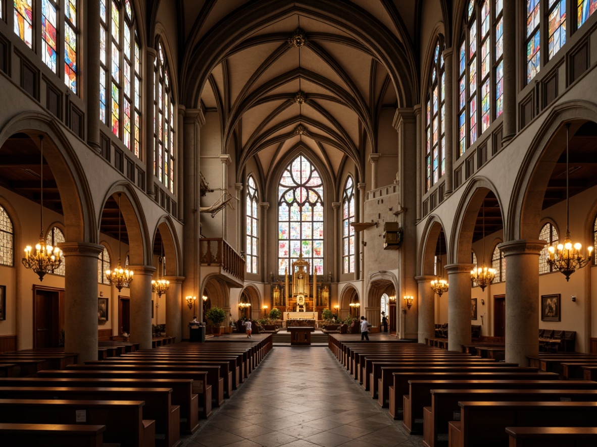 Prompt: Grand cathedral, high ceilings, stained glass windows, ornate chandeliers, soft warm lighting, subtle color temperatures, dramatic accent lights, vaulted arches, intricate stone carvings, wooden pews, spiritual ambiance, gentle illumination, 1/1 composition, realistic textures, ambient occlusion.