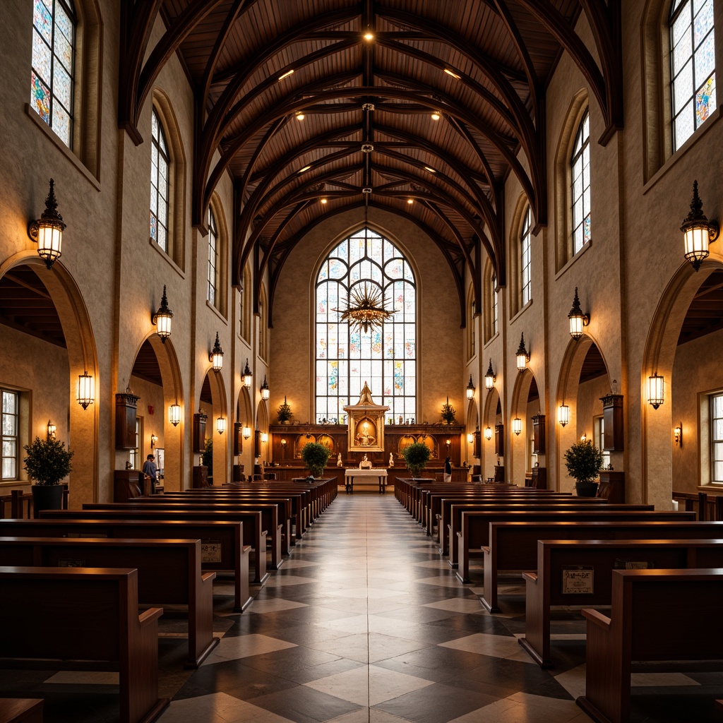 Prompt: Elegant church interior, stunning stained glass windows, warm wooden pews, ornate chandeliers, subtle ambient lighting, soft warm glow, gentle beam spots, dramatic high ceilings, majestic architectural details, serene atmosphere, peaceful worship space, calming color palette, traditional lantern-style fixtures, modern recessed lighting, energy-efficient LED lights, decorative sconces, floor lamps, table lamps, candles, natural light pouring in, softbox lighting, 1/2 composition, warm white tone, subtle shading.