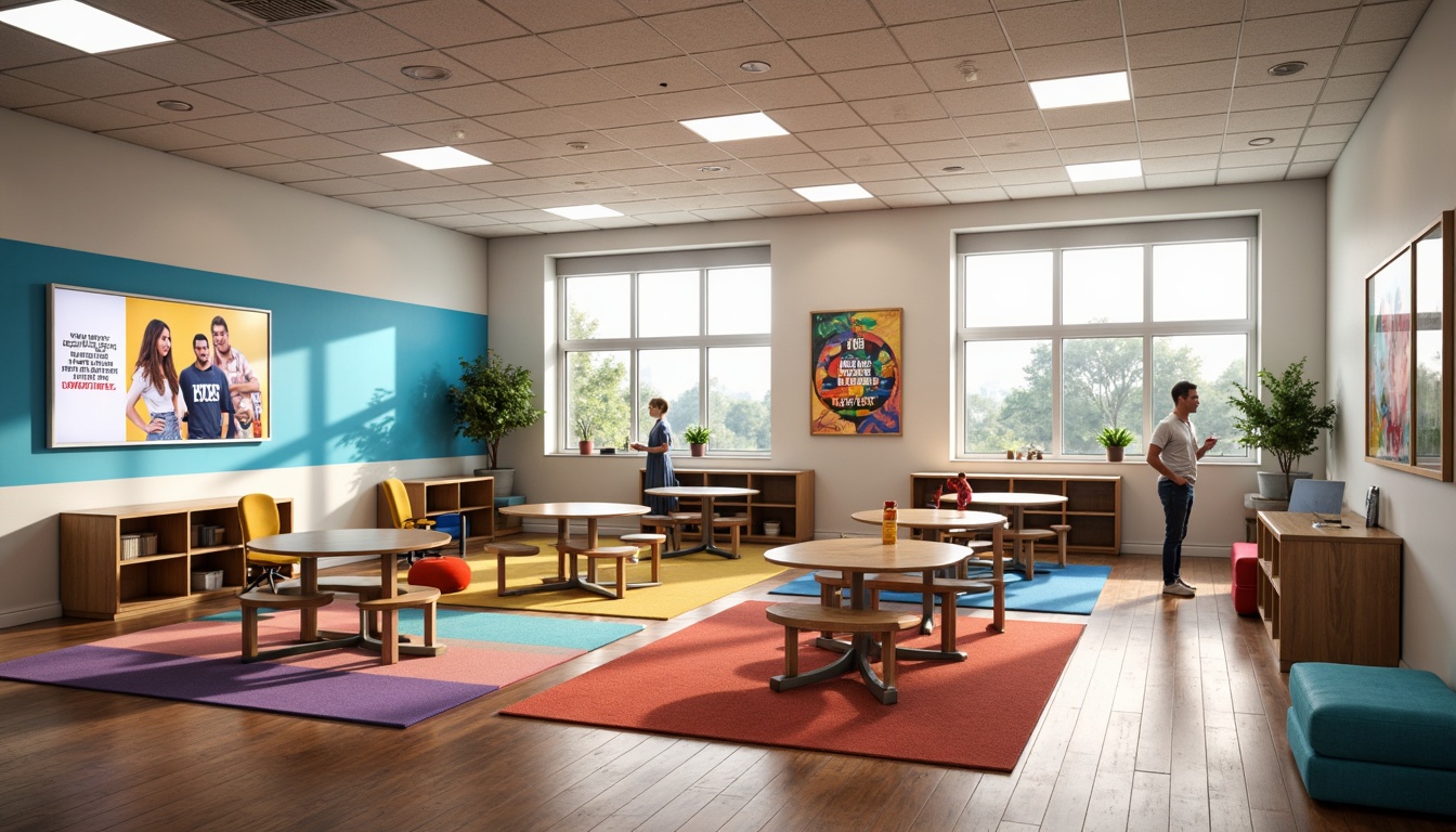 Prompt: Vibrant classroom furniture, ergonomic chairs, adjustable desks, interactive whiteboards, collaborative workstations, colorful rugs, inspirational quotes, modern minimalism, sustainable materials, eco-friendly textiles, natural wood accents, bright overhead lighting, soft ambient glow, shallow depth of field, 3/4 composition, panoramic view, realistic textures, ambient occlusion.