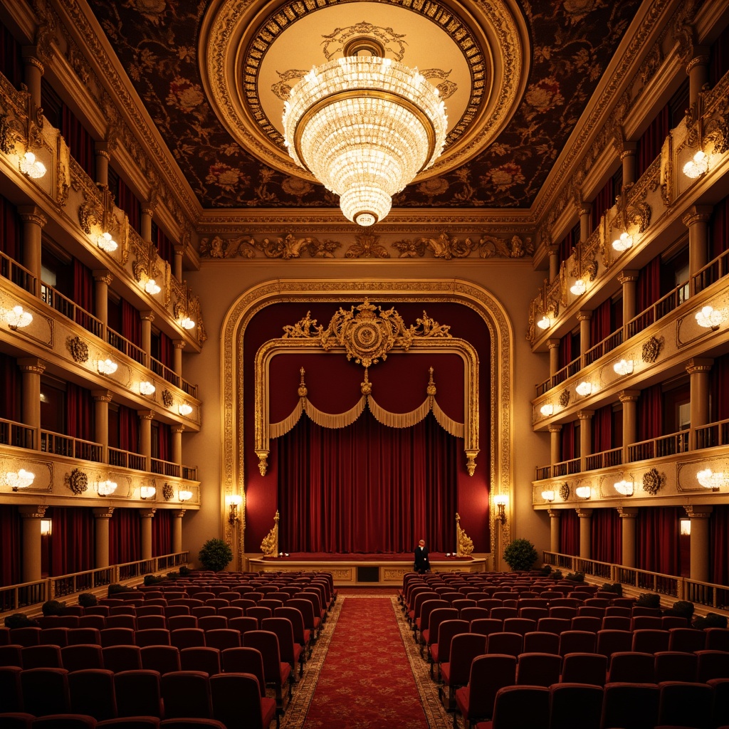 Prompt: Grand opera house, ornate chandeliers, warm golden lighting, velvet curtains, luxurious upholstery, intricate moldings, Baroque details, crystal sconces, dimmable spotlights, soft warm glow, subtle color temperatures, dramatic shadows, high ceilings, ornate balconies, red carpeted aisles, gilded accents, classical proportions, symmetrical composition, 1/2 format framing, cinematic lighting ratios, realistic texture rendering.