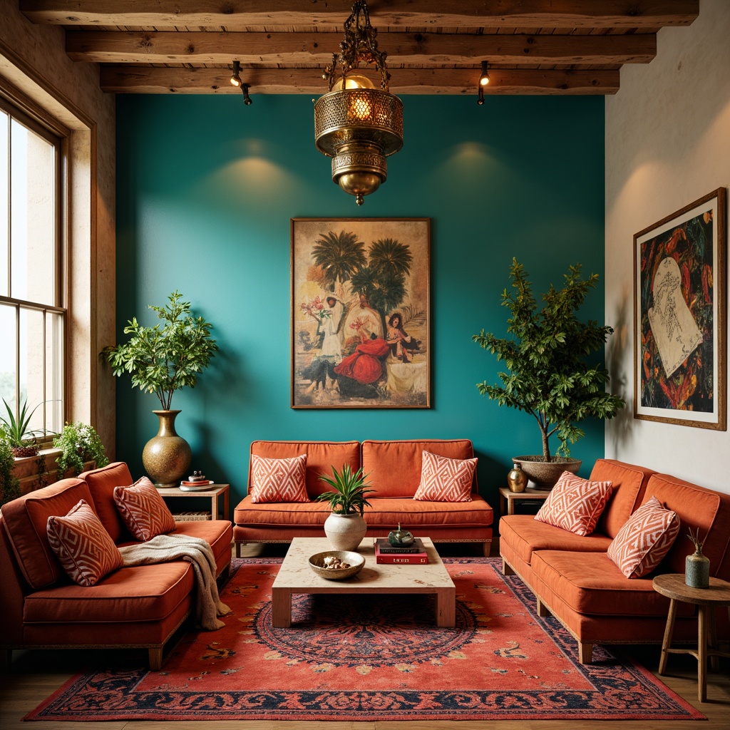 Prompt: Vibrant eclectic living room, rich turquoise accent walls, bold coral patterned rugs, distressed wooden furniture, ornate bronze lighting fixtures, plush velvet throw pillows, eclectic mix of vintage and modern decor, layered textiles, global-inspired accessories, warm golden lighting, shallow depth of field, 1/1 composition, realistic render, ambient occlusion.