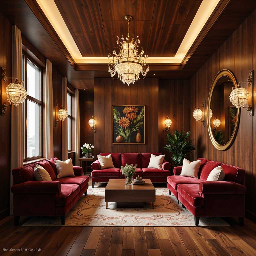 Prompt: Luxurious velvet sofas, polished chrome accents, Art Deco patterns, inlaid wooden floors, rich walnut paneling, ornate mirrors, metallic wallpaper, sleek minimalist lines, curved geometric shapes, opulent crystal chandeliers, lavish silk drapes, soft ambient lighting, subtle gradient effects, shallow depth of field, 1/1 composition, cinematic view, realistic reflections, ambient occlusion.