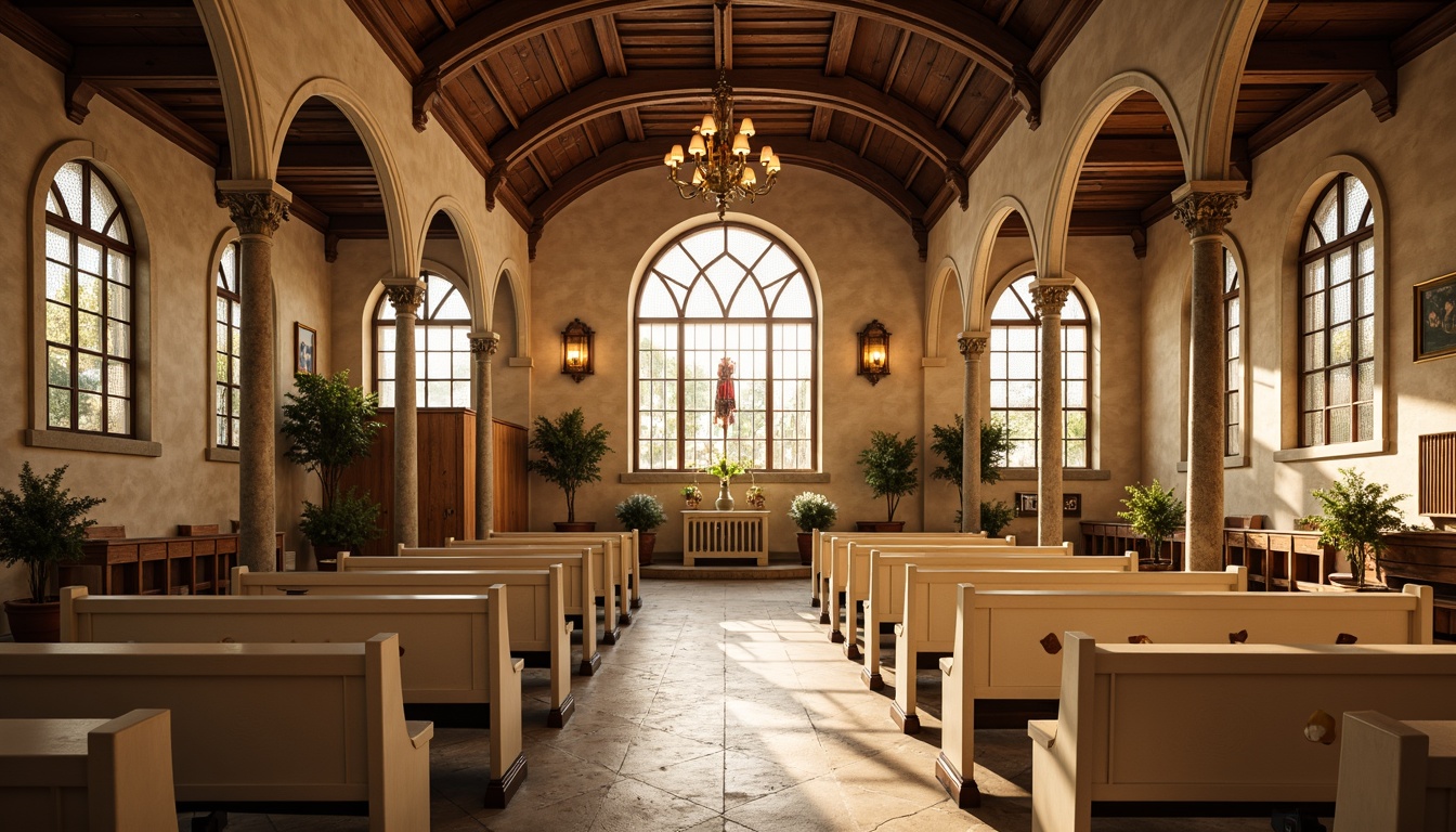 Prompt: Warm beige stone walls, rich wood accents, soft cream pews, ornate stained glass windows, elegant chandeliers, subtle natural light, serene atmosphere, traditional architecture, vaulted ceilings, grandiose columns, intricate carvings, warm golden lighting, shallow depth of field, 1/2 composition, realistic textures, ambient occlusion.