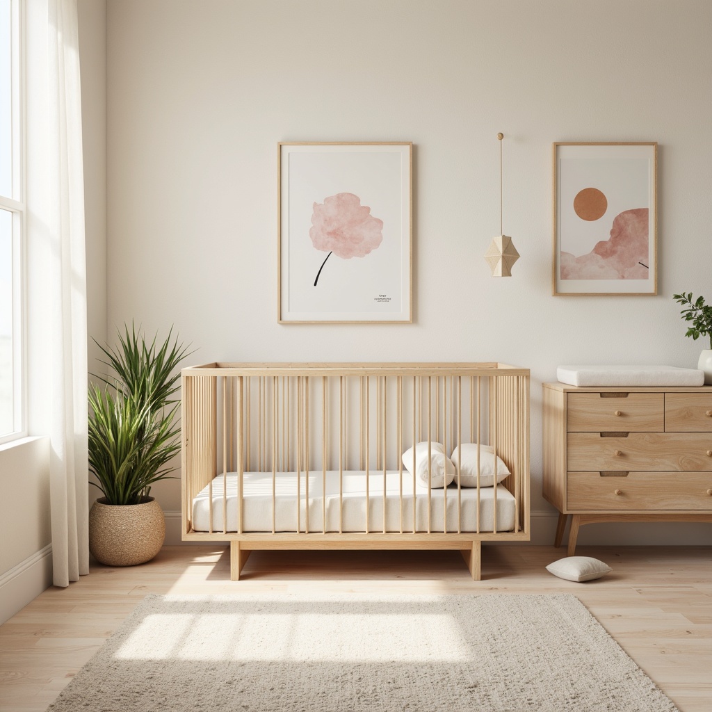 Prompt: Soft pastel hues, gentle cream walls, subtle texture, modern minimalist decor, sleek crib, changing station, plush area rug, abstract wall art, geometric mobiles, natural wood accents, calming ambiance, warm LED lighting, shallow depth of field, 1/1 composition, realistic textures, ambient occlusion.