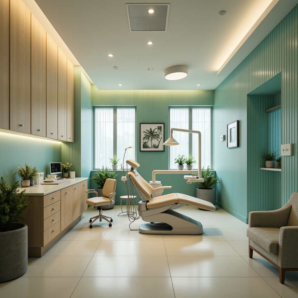 Prompt: \Calm dental clinic, soothing blue-green color scheme, cream-colored walls, stainless steel equipment, modern minimalist decor, comfortable waiting area, natural wood accents, warm LED lighting, shallow depth of field, 1/1 composition, realistic textures, ambient occlusion, serene atmosphere, gentle curves, subtle patterns, relaxing ambiance.\